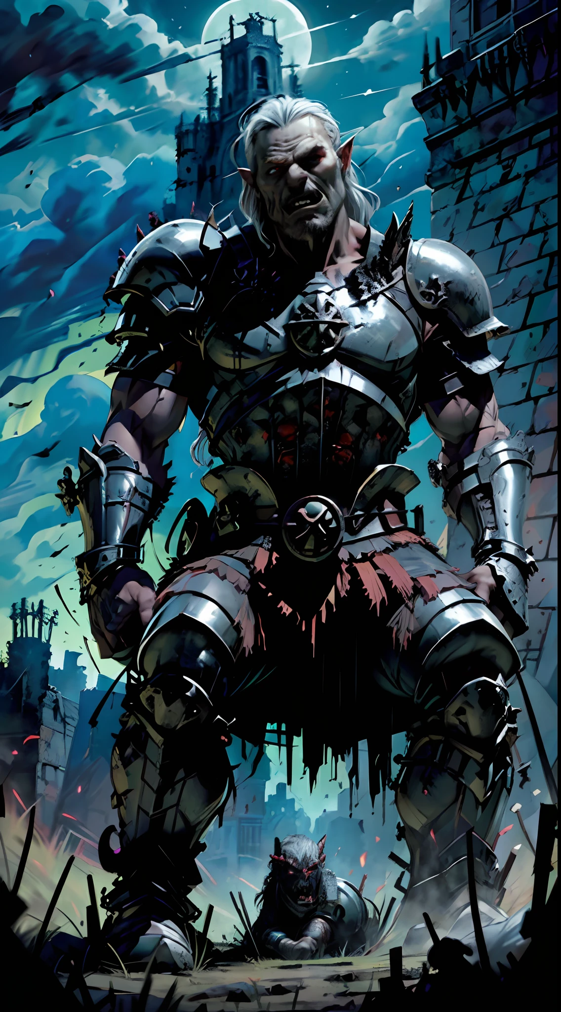 ((Masterpiece, high quality, rich detail, HDR)), orc warrior sitting on throne in the center of a dilapidated castle, solo, gray hair, red eyes, fangs, Lord of the Rings, strong, muscular, evil, foul smell, head down, facial tattoo, (Iron Throne: 1.2), (dim light: 1.2), (night: 1.5), intimidating, (gladiator armor, broken armor, battle scars: 1.2), blurred background, backlight, local light, looking at the audience, cowboyshot, depth of field