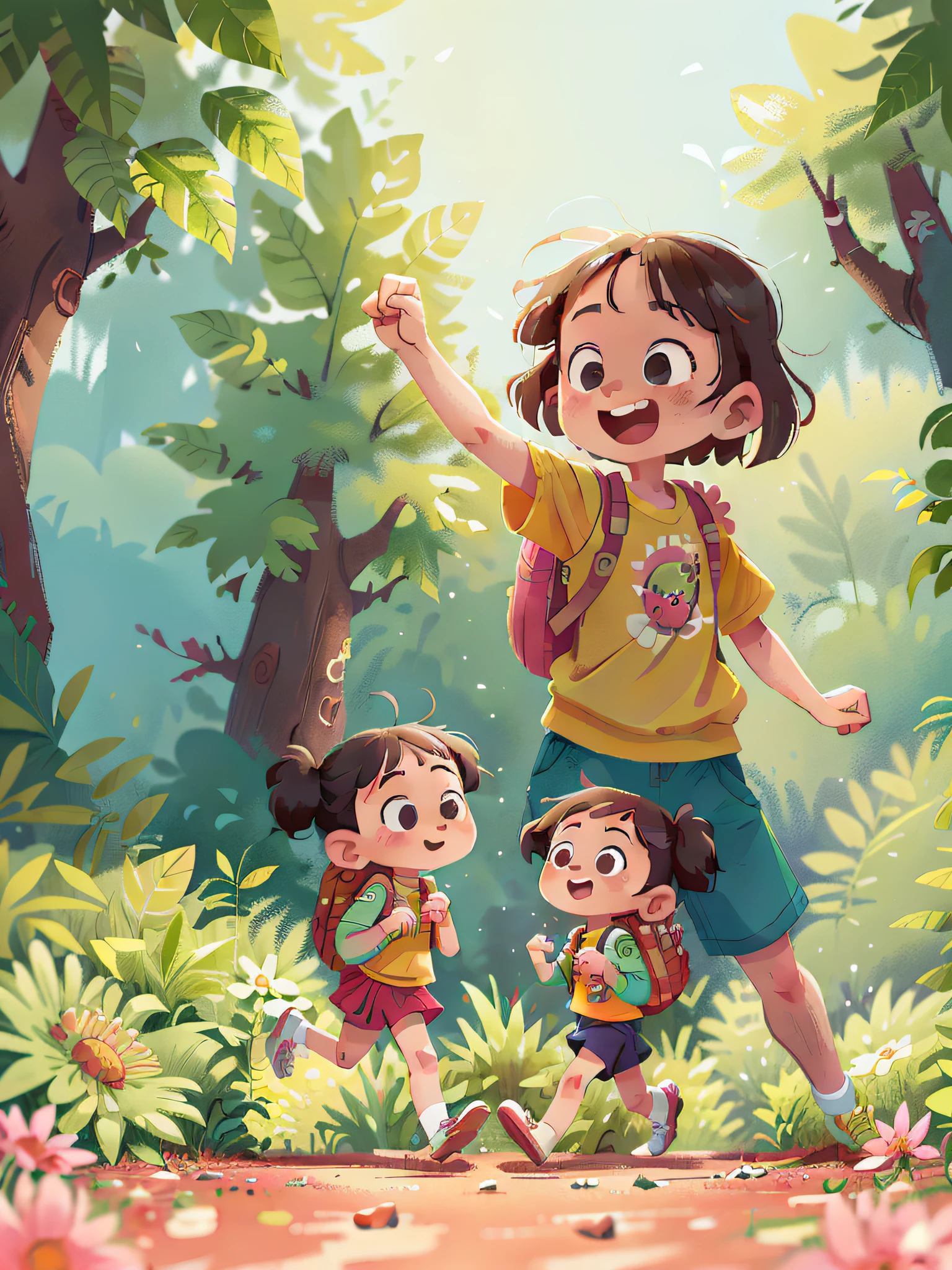 (SFW), two running girls, spring outing, happy, carrying backpack, that kind of car toy in hand, watermelon, background is forest, perfect quality, clear focus, colorful, perfect face, intricate details, ultra-low viewing angle, wide angle lens
