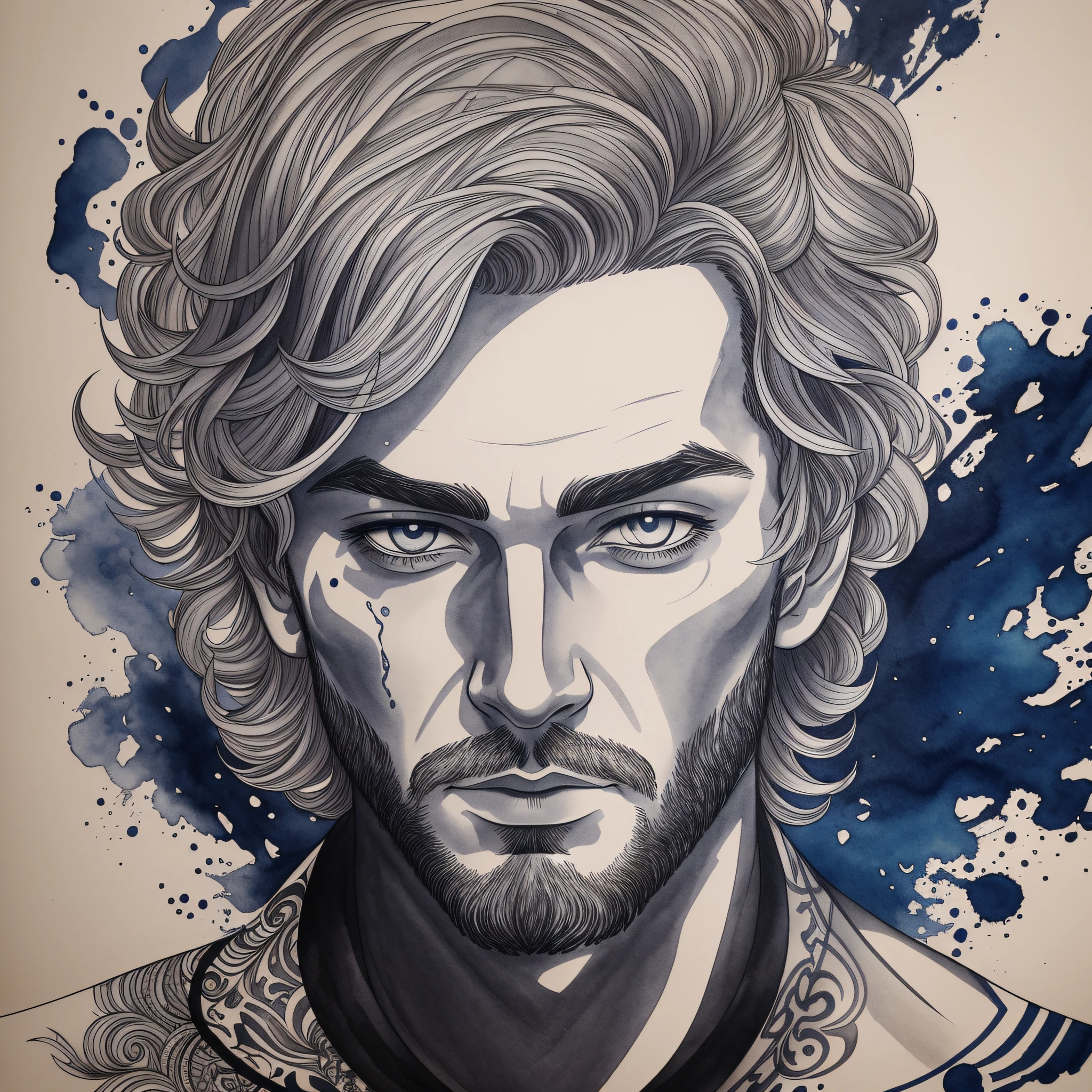 face of a man that is depicted in ink and watery colors, in the style of florian nicolle, dark silver --auto --s2