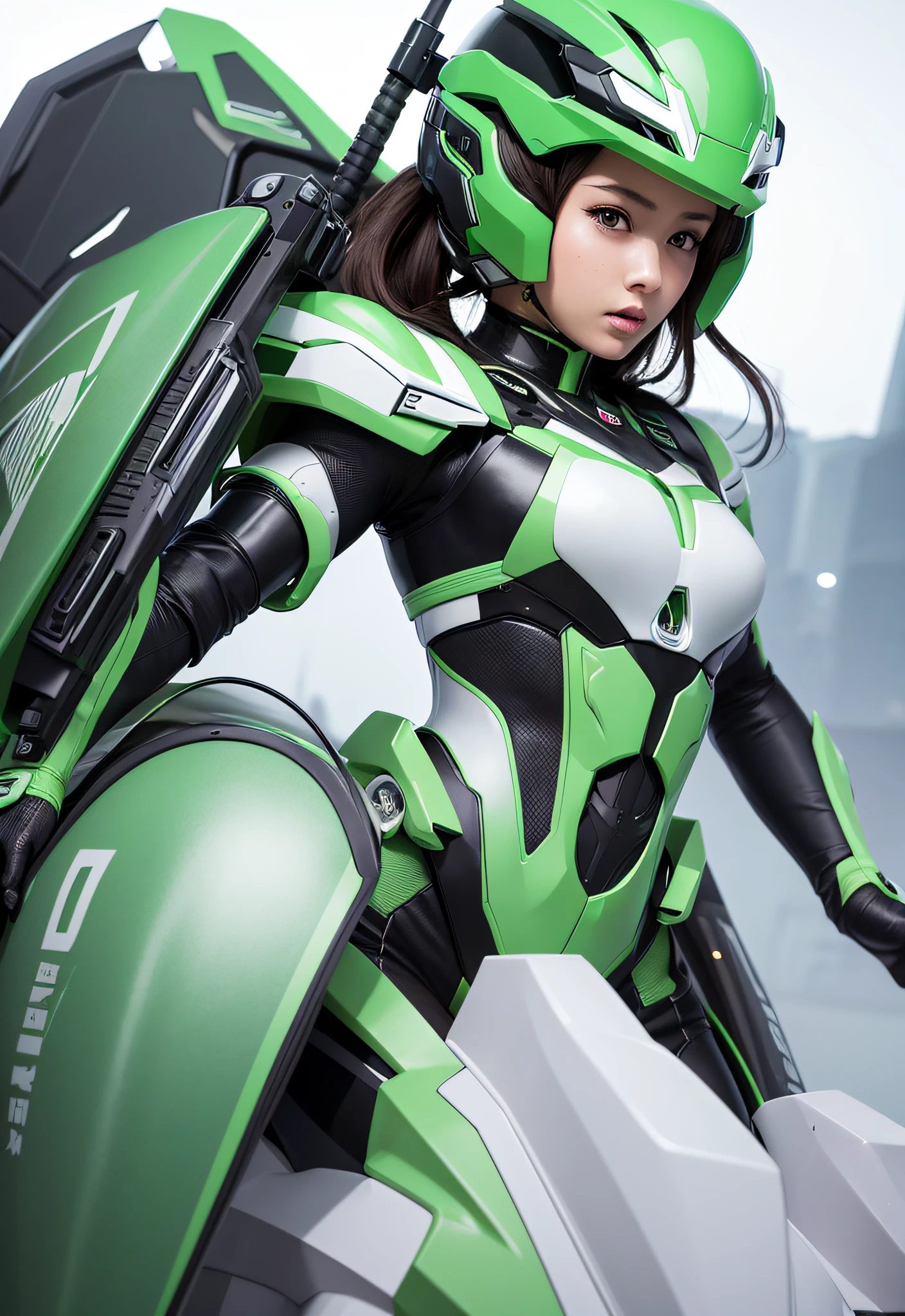 Highest image quality, outstanding details, ultra-high resolution, (realism: 1.4), the best illustration, favor details, highly condensed 1girl, with a delicate and beautiful face, dressed in a black and green mecha, wearing a mecha helmet, holding a directional controller, riding on a motorcycle, the background is a high-tech lighting scene of the future city.