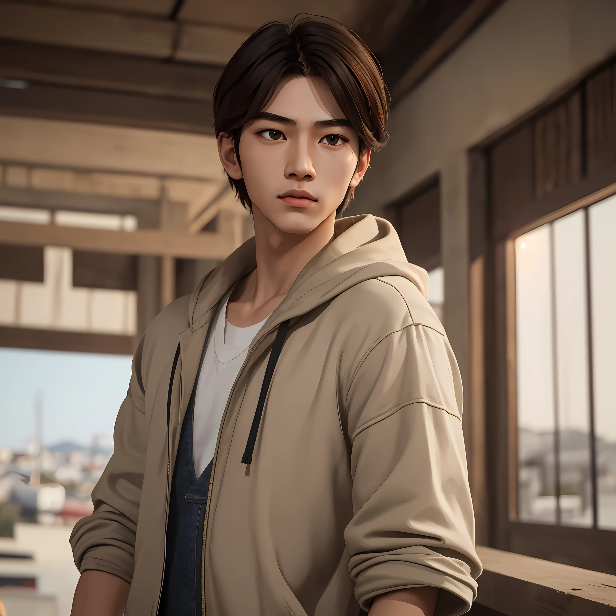 a beautiful young Asian boy, slim body, ((perfect delicate face)), beautiful face, ((perfect Greek nose)), short and light brown hair, wearing urban clothes, masterpiece, best quality, (realistic, very detailed), sensual, atmosphere, (realism: 1.5), 8k