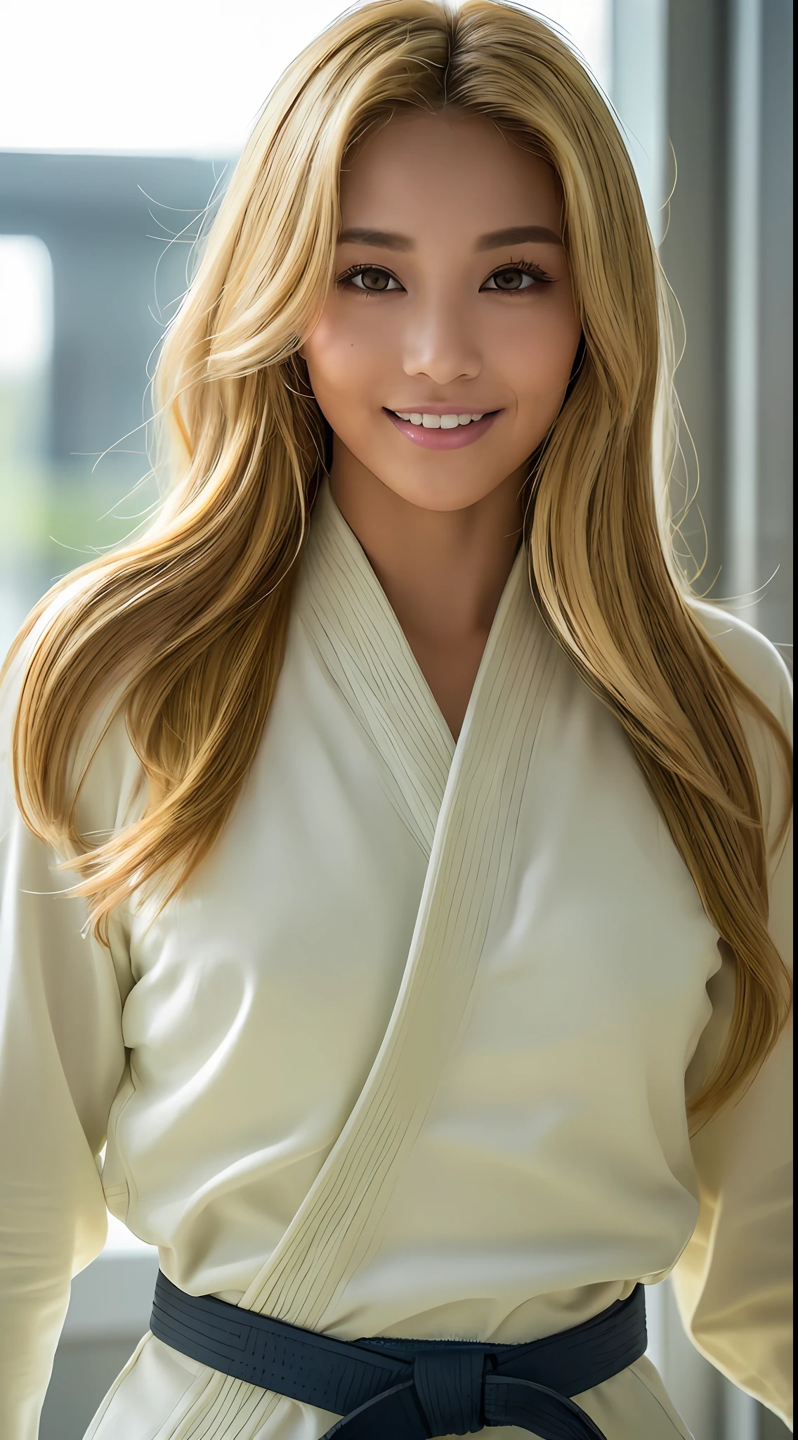 ((Top Quality, 8k, Masterpiece: 1.3)), Sharp Focus: 1.2, Women with Muscular Bodies: 1.4, Hostesses, Colored Eyes, Gorgeous Makeup, ((Tanned Skin 1.5)), Stupid, (((Blonde: 1.4)), ((Golden Hair: 1.3}}, (Colorful Hair)), (Highlight Color)), (( Gorgeous hairstyle)), perm, arms hanging down, slim abdomen: 1.2, (((big: 1.2)), wet body: 1.1, very detailed face and skin texture, detailed eyes, double eyelids, tanned skin, tanned, sweat-wet skin, 1girl, intricate details, cinematic feeling, 8K, highly detailed, (realistic, photorealistic: 1.37), super detail, Top quality, realistic, very delicate and beautiful, RAW photos, (professional lighting)), face lighting, depth of field, monofocal, (judo)), (wearing (judogi)), ((very detailed judo belt)), ((Brazilian jiu-jitsu belt)), (wearing the official judo uniform), (long sleeve)), (wearing a t-shirt)), (muscular and healthy), small head, ((beautiful eyes) ), realistic face, real face, fine eyes, (fashionable hairstyle: 1.3), viewer, (bright Japan female)), sports, (smile: 1.15), (closed mouth), fine and beautiful eyes, (dojo: 1.3), judo athlete, healthy body, dark skin