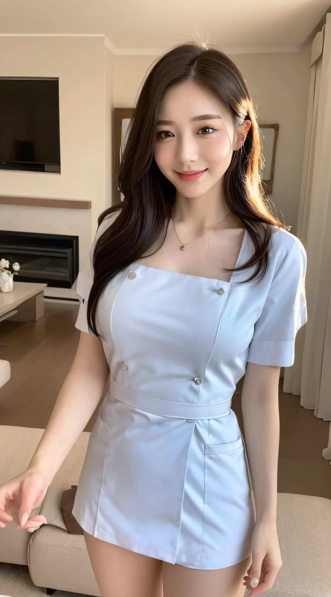 ((Best Quality, 8k, Masterpiece:1.3)), Focus:1.2, Perfect Body Beauty:1.4, Buttocks:1.2, ((Delicate Hair)), (Stylish Nurse Uniform:1.1) ,(Room, living room: 1.3), Highly detailed facial and skin texture, Fine eyes, Double eyelids, Whitening skin, Big breasts, smile, wearing a necklace,