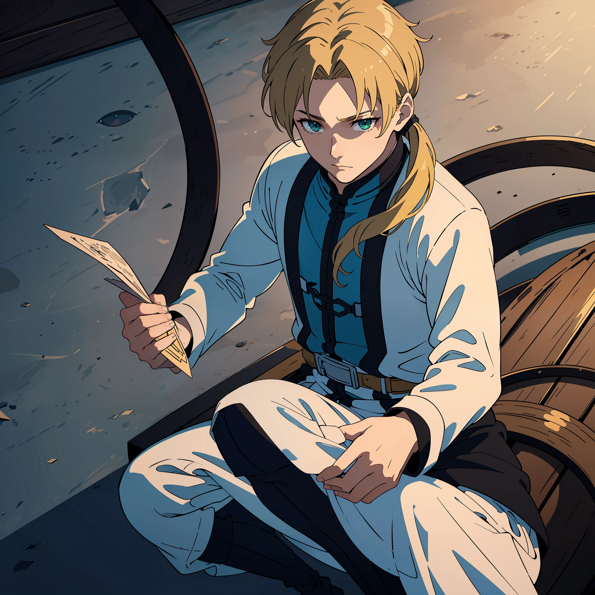 (masterpiece: 1.2, best quality), (beautiful finely detailed eyes: 1.2), (extremely detailed CG unit 8k wallpaper, masterpiece, best quality, ultra-detailed, best shadow), (beautiful detailed face, beautiful detailed eyes), High contrast, (best lighting, an extremely delicate and beautiful), solo, 1boy, dynamic angle, beautiful detailed brightness, upper body perke, twist, masterpiece, 20-year-old man, medieval costume, white skin, medium length blonde hair, ponytail, green eyes, medieval clothing, white shirt, black pants, black boot, battle suit