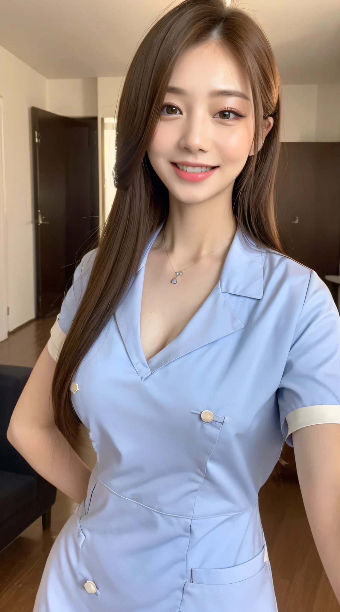 ((Best Quality, 8k, Masterpiece:1.3)), Focus:1.2, Perfect Body Beauty:1.4, Buttocks:1.2, ((Delicate Hair)), (Stylish Nurse Uniform:1.1) ,(Room, living room: 1.3), Highly detailed facial and skin texture, Fine eyes, Double eyelids, Whitening skin, Big breasts, smile, wearing a necklace,