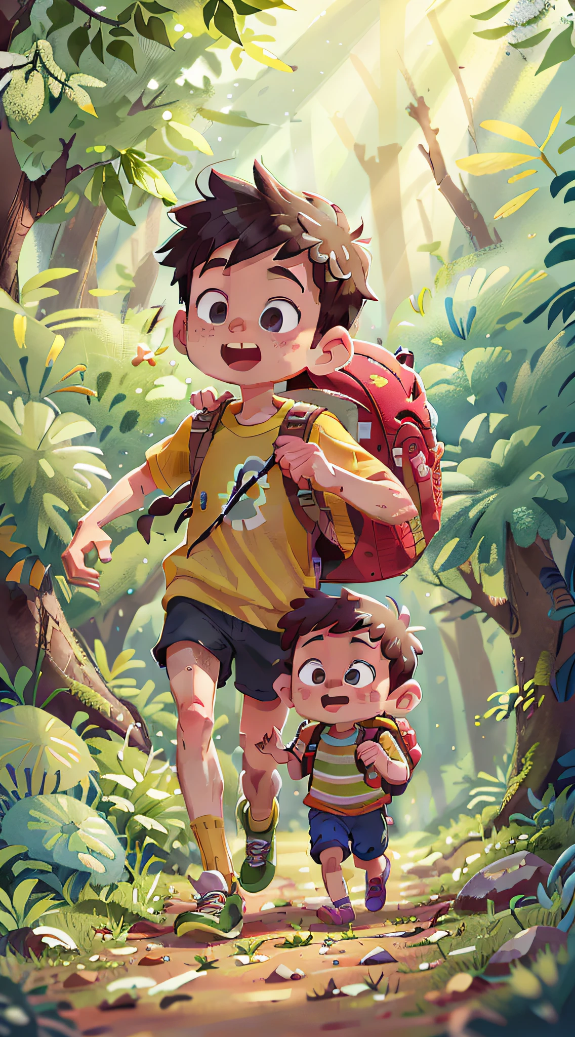 (SFW), two running boys, spring outing, happy, backpack on back, little car toy in hand, forest in the background, perfect quality, clear focus, colorful, perfect face, intricate details, ultra-low viewing angle, wide angle lens