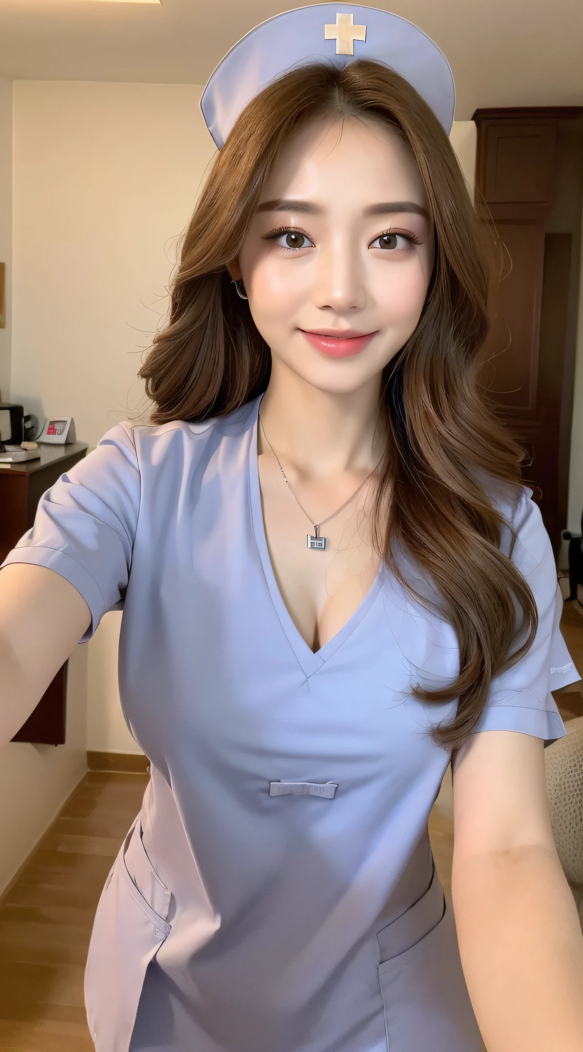 ((Best Quality, 8k, Masterpiece:1.3)), Focus:1.2, Perfect Body Beauty:1.4, Buttocks:1.2, ((Delicate Hair)), (Stylish Nurse Uniform:1.1) ,(Room, living room: 1.3), Highly detailed facial and skin texture, Fine eyes, Double eyelids, Whitening skin, Big breasts, smile, wearing a necklace,