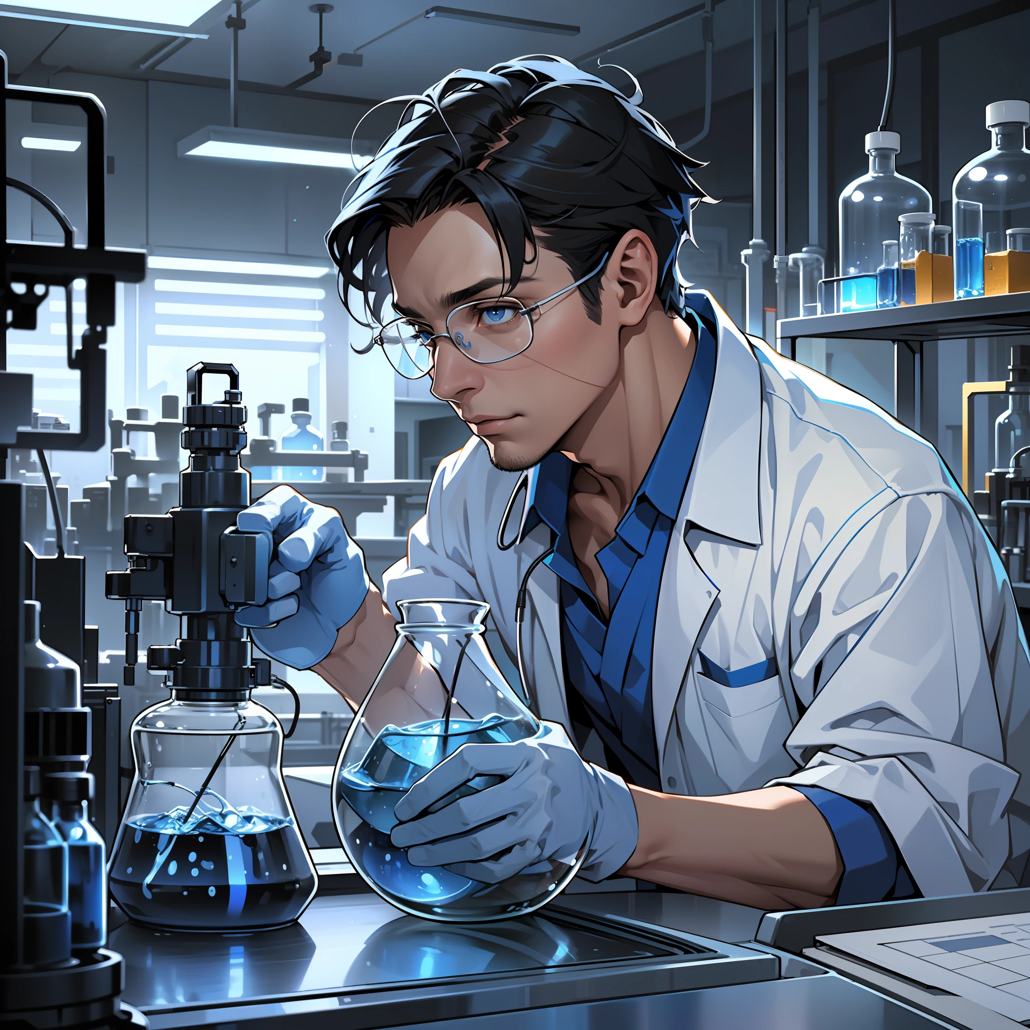 (male scientist, age 50 years, inside a laboratory with low lighting, working on an invention with blue light,: 1.1), (best quality), (masterpiece: 1.1),
SHZ, (male face), side view
detailed face, --auto --s2
