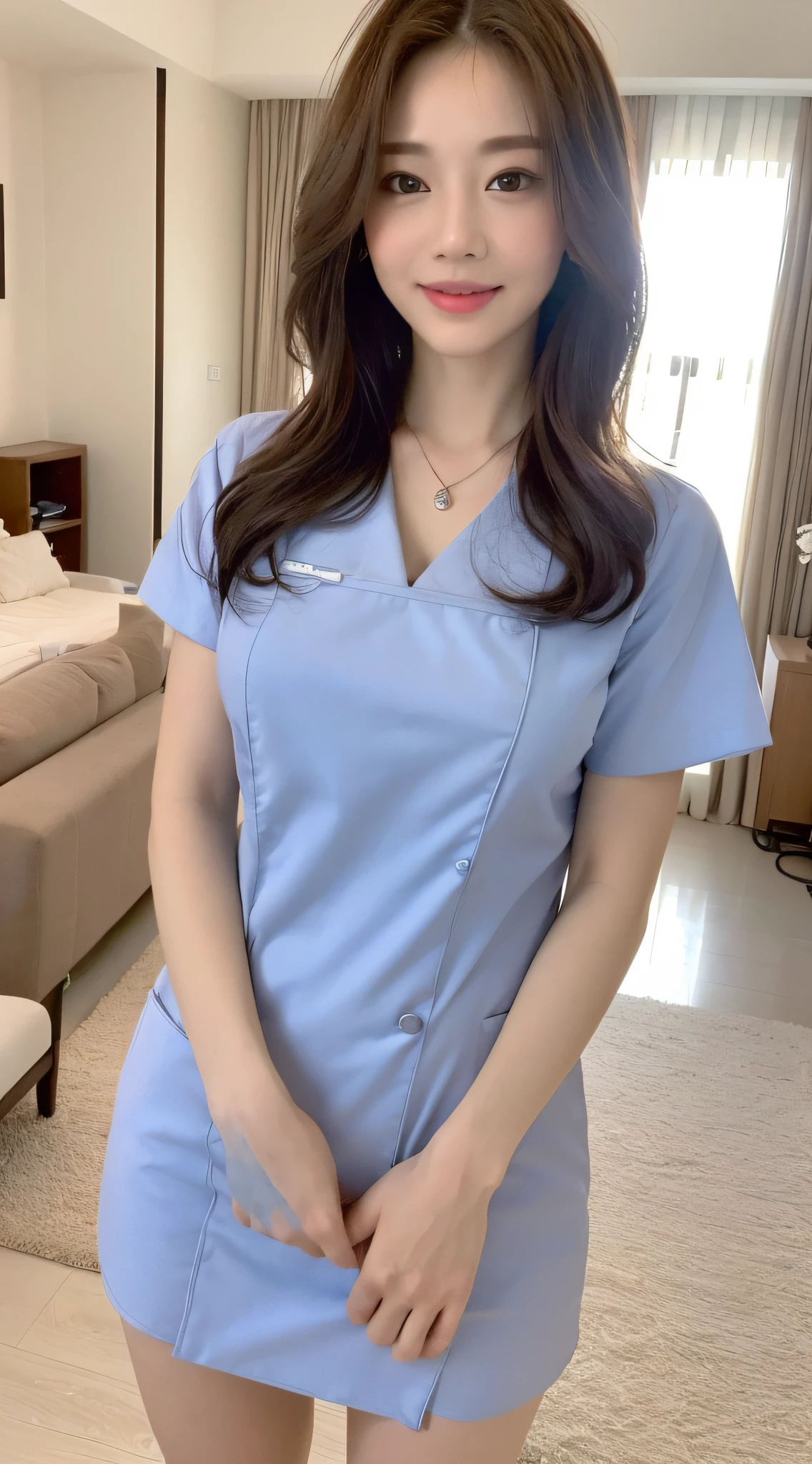 ((Best Quality, 8k, Masterpiece:1.3)), Focus:1.2, Perfect Body Beauty:1.4, Buttocks:1.2, ((Delicate Hair)), (Stylish Nurse Uniform:1.1) ,(Room, living room: 1.3), Highly detailed facial and skin texture, Fine eyes, Double eyelids, Whitening skin, Big breasts, smile, wearing a necklace,