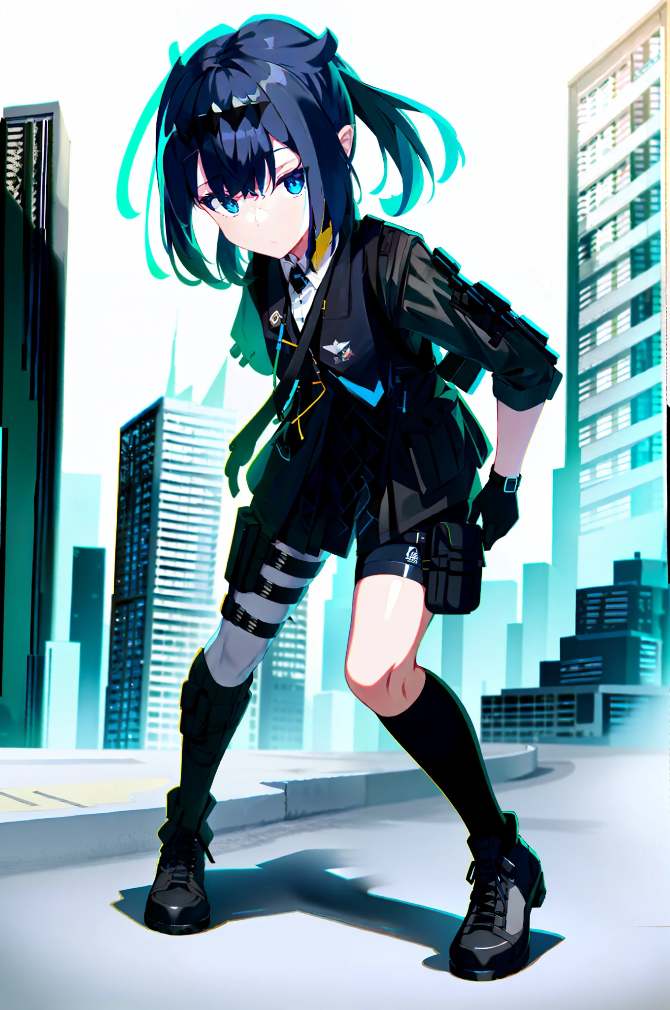 photo of a iom girl, 1girl, bangs, black hair, blue eyes, bulletproof vest, gloves, headphones, holster, looking at viewer, medium hair, military, plate carrier, tactical clothes, (black and khaki clothes), thigh holster, thigh strap, forest, running, black backpack, outdoors,