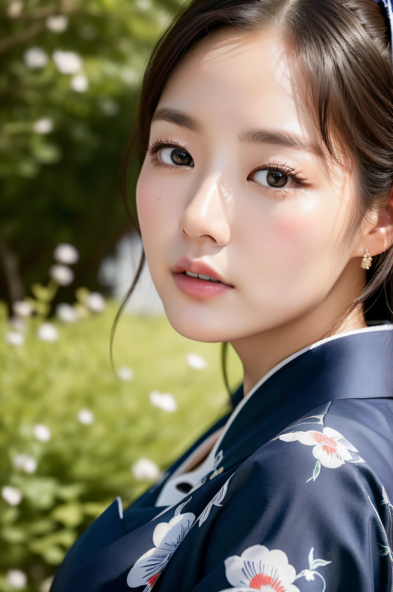 ((Top Quality, 8K, Masterpiece: 1.3)), Sharp Focus: 1.2, (Korean Cute Actress: 1.5), Realistic Photo, (Shiny Skin: 1.2), Realistic Photo, Black Hair, Realistic Pupil, Movie Lighting, Highly Detailed Eyes and Face, medium breasts, in nature, traditional kimono, cowboy shot