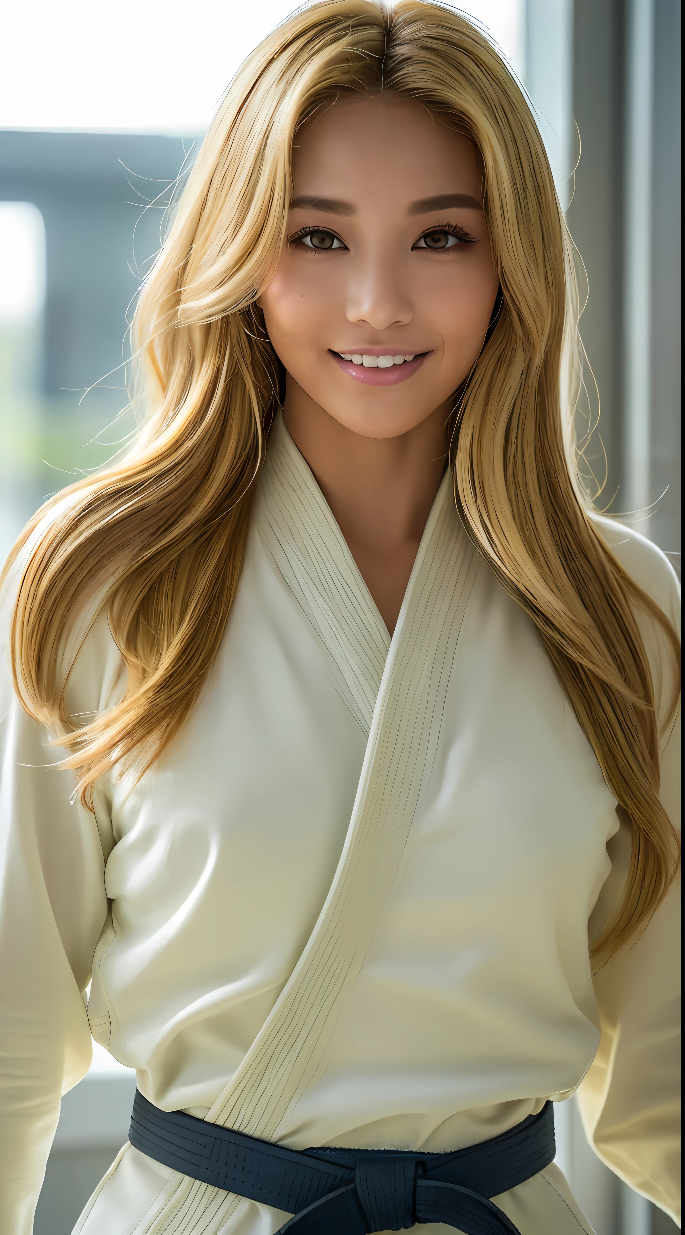 ((Top Quality, 8k, Masterpiece: 1.3)), Sharp Focus: 1.2, Women with Muscular Bodies: 1.4, Hostesses, Colored Eyes, Gorgeous Makeup, ((Tanned Skin 1.5)), Stupid, (((Blonde: 1.4)), ((Golden Hair: 1.3}}, (Colorful Hair)), (Highlight Color)), (( Gorgeous hairstyle)), perm, arms hanging down, slim abdomen: 1.2, (((big: 1.2)), wet body: 1.1, very detailed face and skin texture, detailed eyes, double eyelids, tanned skin, tanned, sweat-wet skin, 1girl, intricate details, cinematic feeling, 8K, highly detailed, (realistic, photorealistic: 1.37), super detail, Top quality, realistic, very delicate and beautiful, RAW photos, (professional lighting)), face lighting, depth of field, monofocal, (judo)), (wearing (judogi)), ((very detailed judo belt)), ((Brazilian jiu-jitsu belt)), (wearing the official judo uniform), (long sleeve)), (wearing a t-shirt)), (muscular and healthy), small head, ((beautiful eyes) ), realistic face, real face, fine eyes, (fashionable hairstyle: 1.3), viewer, (bright Japan female)), sports, (smile: 1.15), (closed mouth), fine and beautiful eyes, (dojo: 1.3), judo athlete, healthy body, dark skin