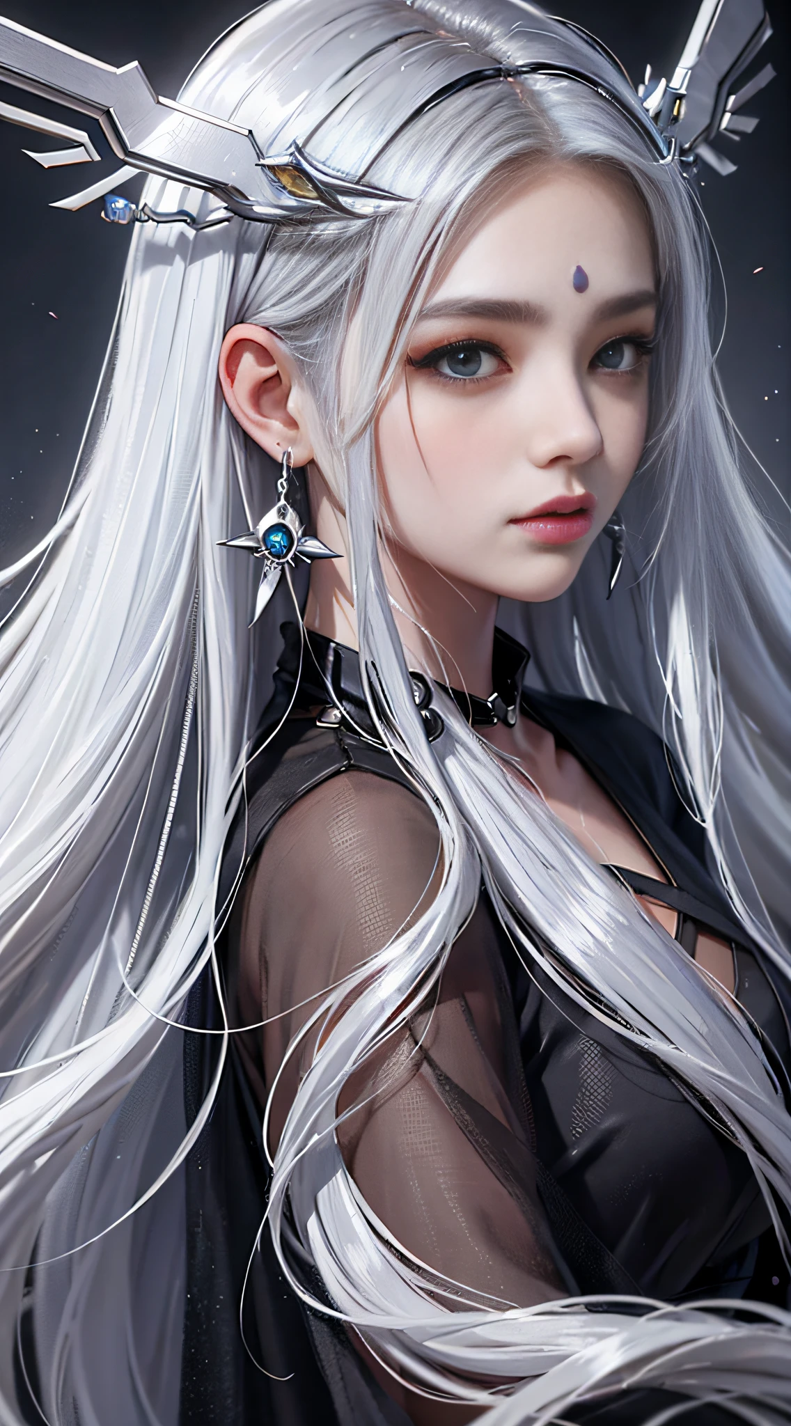 Shoujo, long hair, black silk, Long knives, silver hair, halo, mole under eye, crazy eyes, crescent earrings, crazy, high detail, anime style, god rays, ray tracing, blending, move chart, wide shot, panorama, Ultra-Wide Angle, UHD, best quality, highres, high details, super detail --auto --s2