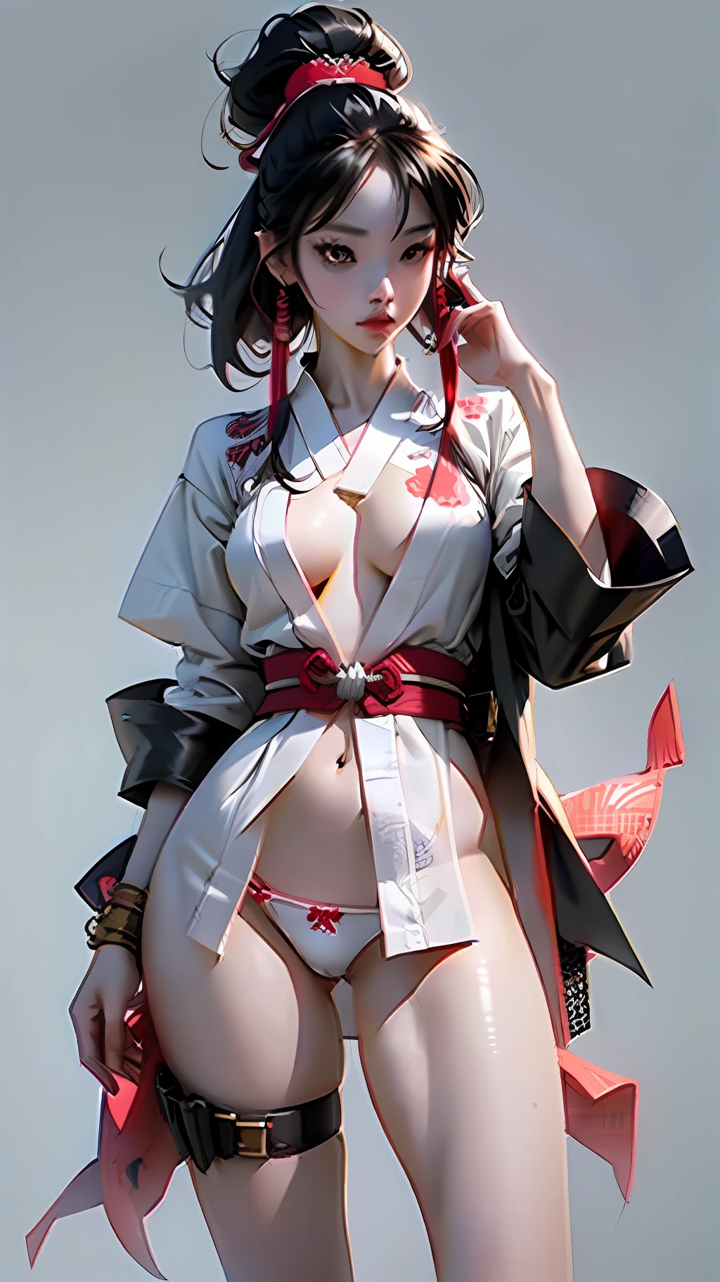 samurai girl, oriental, korean, black hair, straight hair, kpop idol, detailed, 1 girl, beautiful, 8k, artwork, ultra realistic, kimono, no pants, no pants, open legs, panties, panties appearing, white panties, upskirt, cameltoe, thong, nsfw, pantyshot,