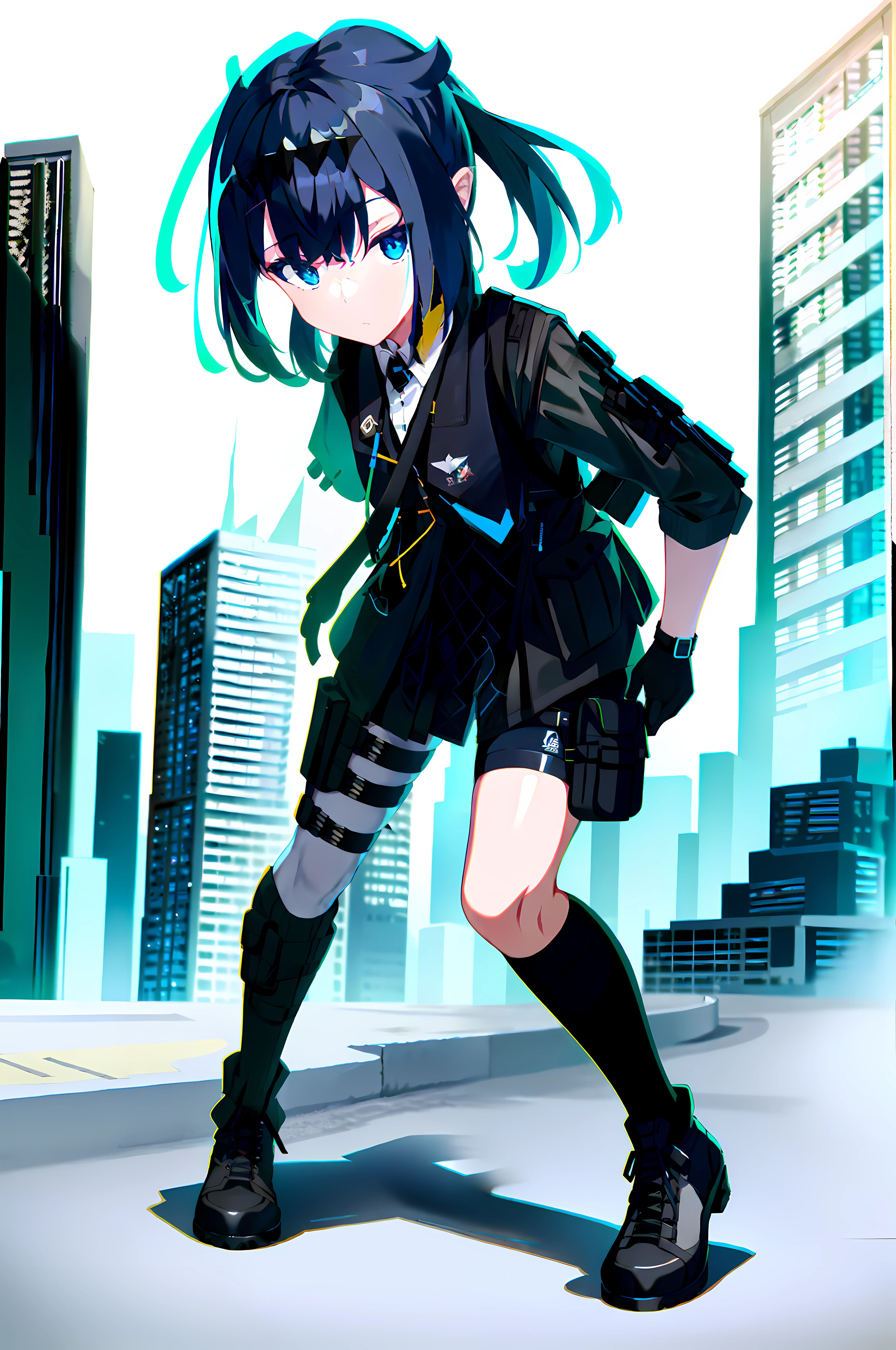 photo of a iom girl, 1girl, bangs, black hair, blue eyes, bulletproof vest, gloves, headphones, holster, looking at viewer, medium hair, military, plate carrier, tactical clothes, (black and khaki clothes),  thigh holster, thigh strap, forest, running, black backpack, outdoors,