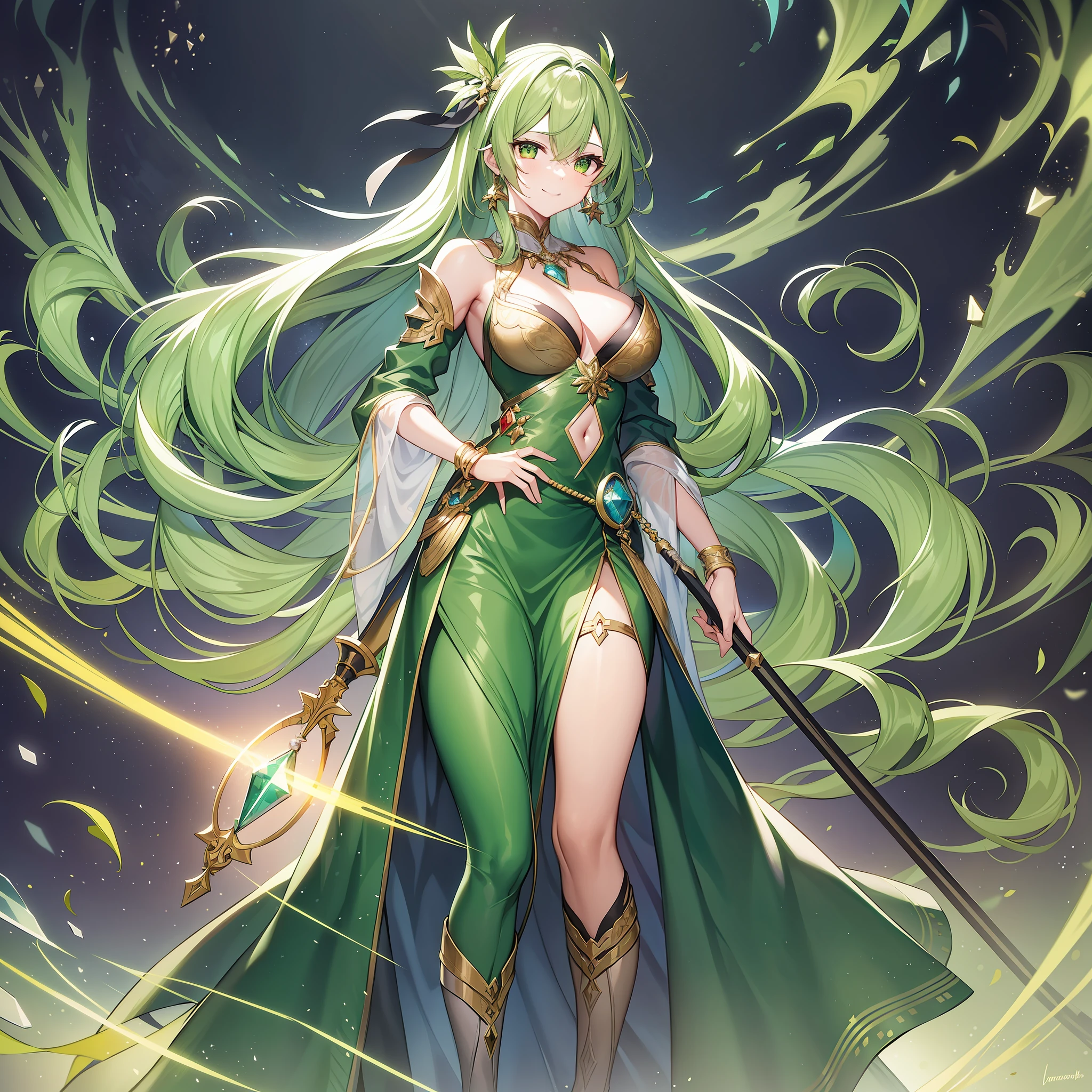The character's expression is haughty and confident, his eyes are slightly narrowed, and he smiles; long, straight hair with a green hairstyle, half on the shoulder and half behind the back; Wearing green metal armor with a red gemstone on his chest, a yellow ribbon tied around his waist, and green high-heeled boots on his feet; A silver bracelet is worn on the wrist with a pair of green crystal earrings on the ear, and the necklace is a silver chain with green gemstones hanging from it; Standing on a planet with a dark night sky in the background, twinkling stars, some burning planetary debris and floating asteroids, forming an aesthetic and profound visual effect.