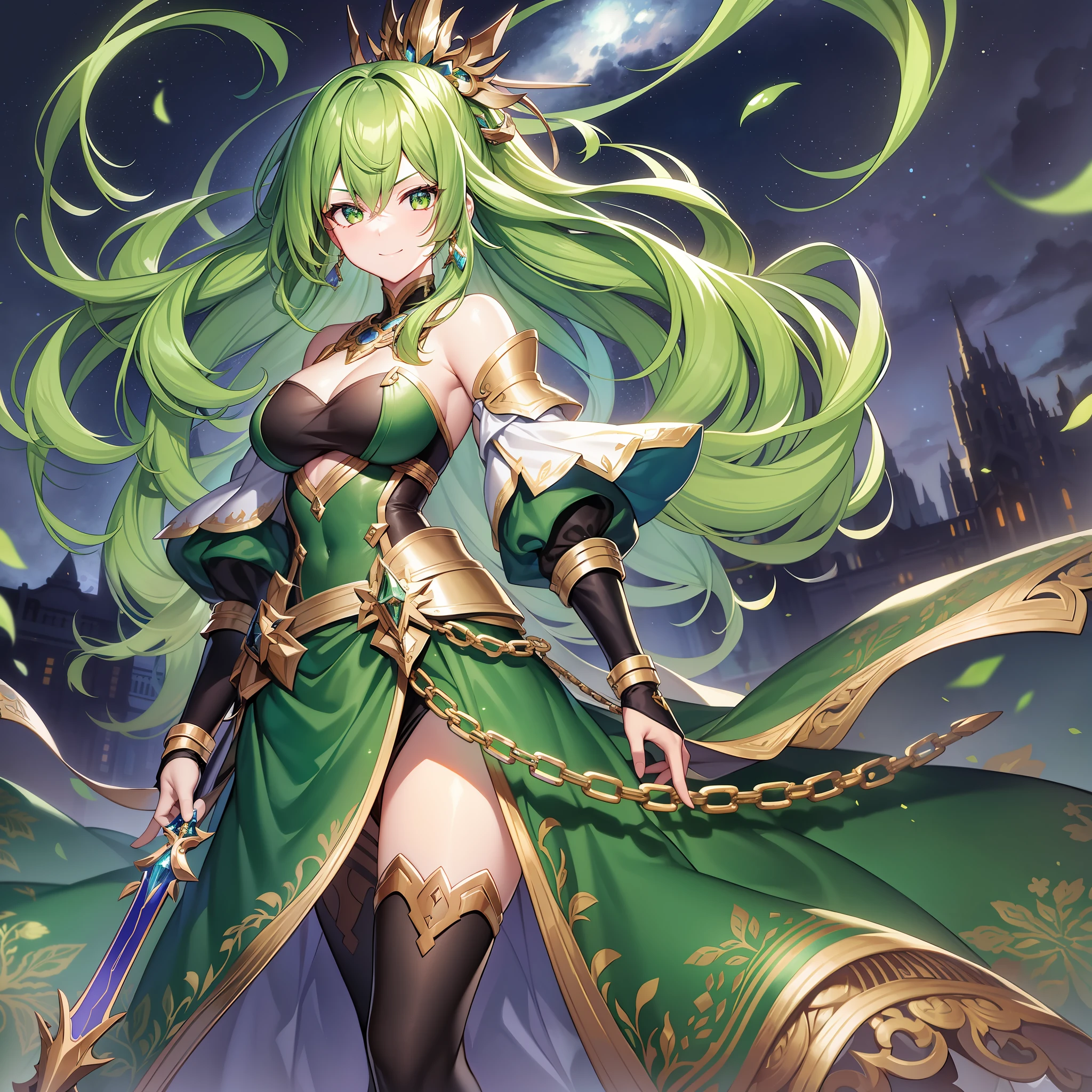 The character's expression is haughty and confident, his eyes are slightly narrowed, and he smiles; long, straight hair with a green hairstyle, half on the shoulder and half behind the back; Wearing green metal armor with a red gemstone on his chest, a yellow ribbon tied around his waist, and green high-heeled boots on his feet; A silver bracelet is worn on the wrist with a pair of green crystal earrings on the ear, and the necklace is a silver chain with green gemstones hanging from it; Standing on a planet with a dark night sky in the background, twinkling stars, some burning planetary debris and floating asteroids, forming an aesthetic and profound visual effect.