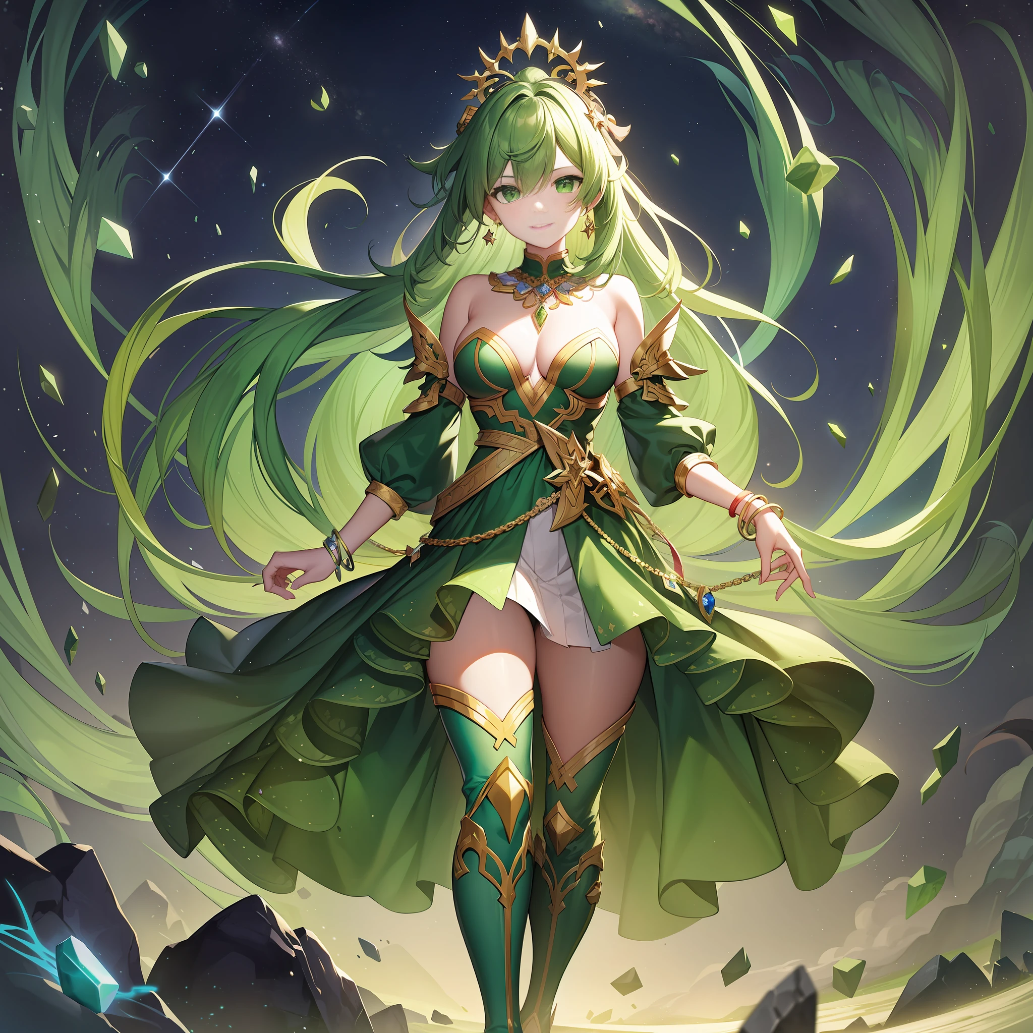 The character's expression is haughty and confident, his eyes are slightly narrowed, and he smiles; long, straight hair with a green hairstyle, half on the shoulder and half behind the back; Wearing green metal armor with a red gemstone on his chest, a yellow ribbon tied around his waist, and green high-heeled boots on his feet; A silver bracelet is worn on the wrist with a pair of green crystal earrings on the ear, and the necklace is a silver chain with green gemstones hanging from it; Standing on a planet with a dark night sky in the background, twinkling stars, some burning planetary debris and floating asteroids, forming an aesthetic and profound visual effect.