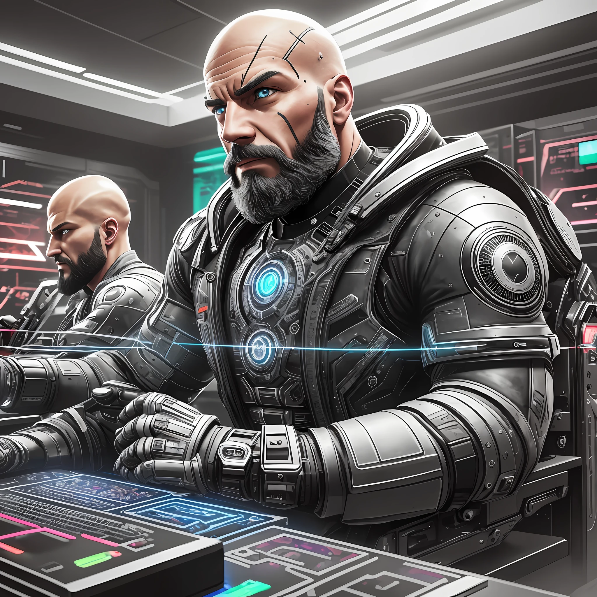 Bald man, short beard, 30 years old, cyborg, bodybuilder, sitting in a gaming chair, looking at the camera, in the background several cyber punk style computers, esports room pattern, ultra realistic painting Highly detailed face painting Cinematic lighting 8K low angle shallow depth of field trend in zbrush central Hard Surface Modeling Unreal Engine 5 Lumen Global Illumination Ray Tracing HDR Chrome Geiger Design Sketch Illustration vivid colors --auto --s2