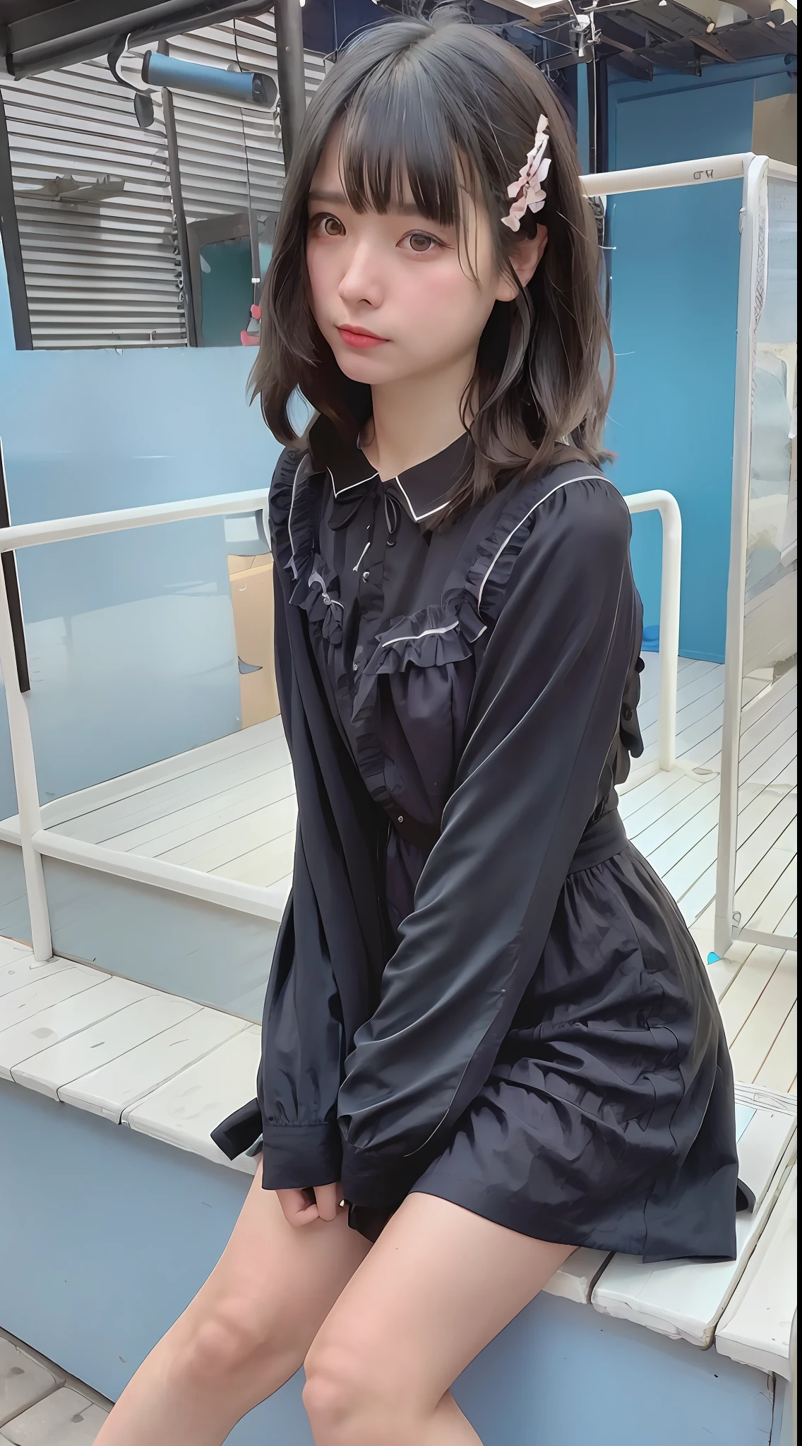 (((maid clothes)))), (((big)))), Korean, Heterochromic eyes, Small moles under the eyes, dark hair, 30 years old, nasty face, beach, pier, outdoor, mini skirt