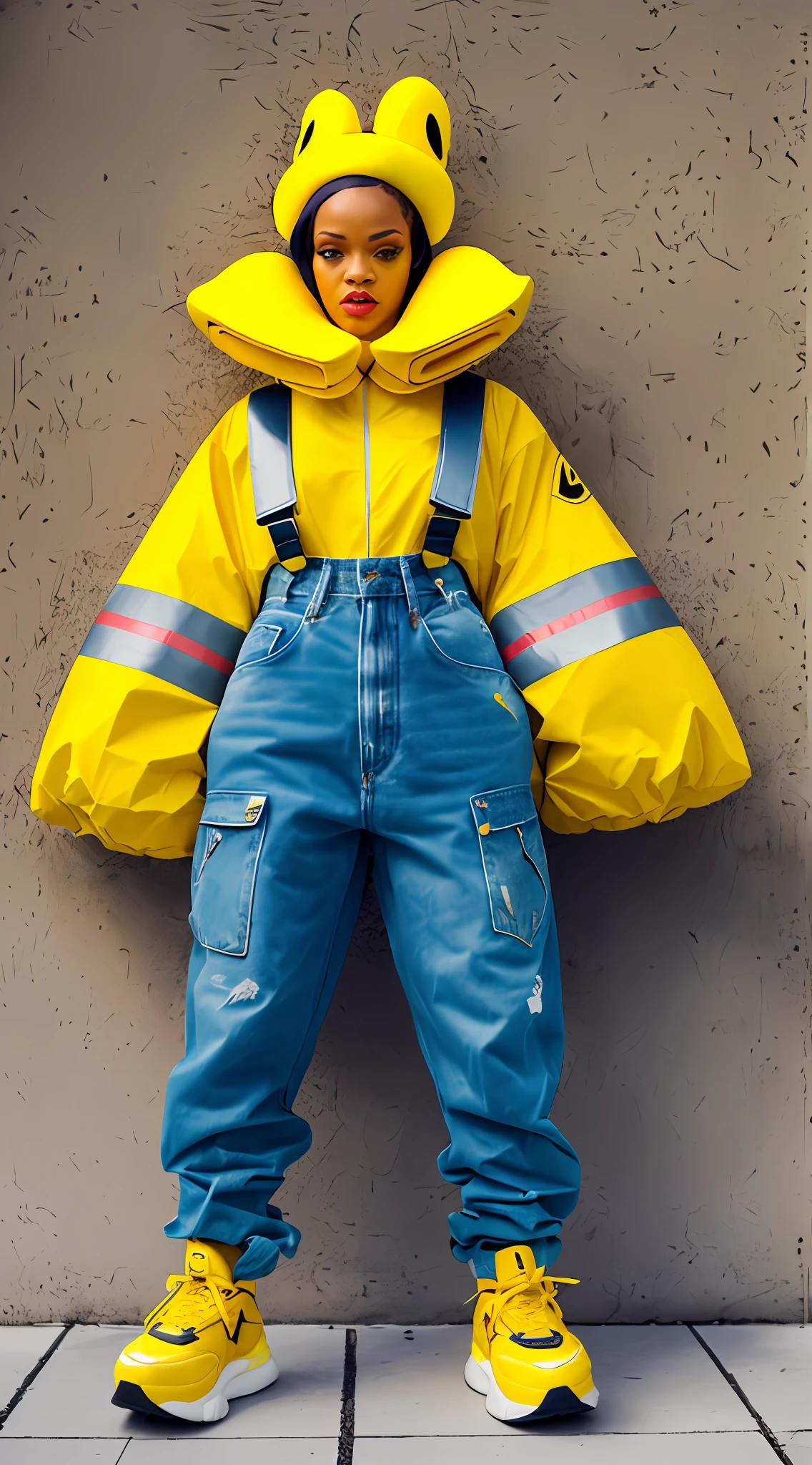 Rihanna with duck hat, full body, yellow, details, ultra quality, yellow ducks, with a duck