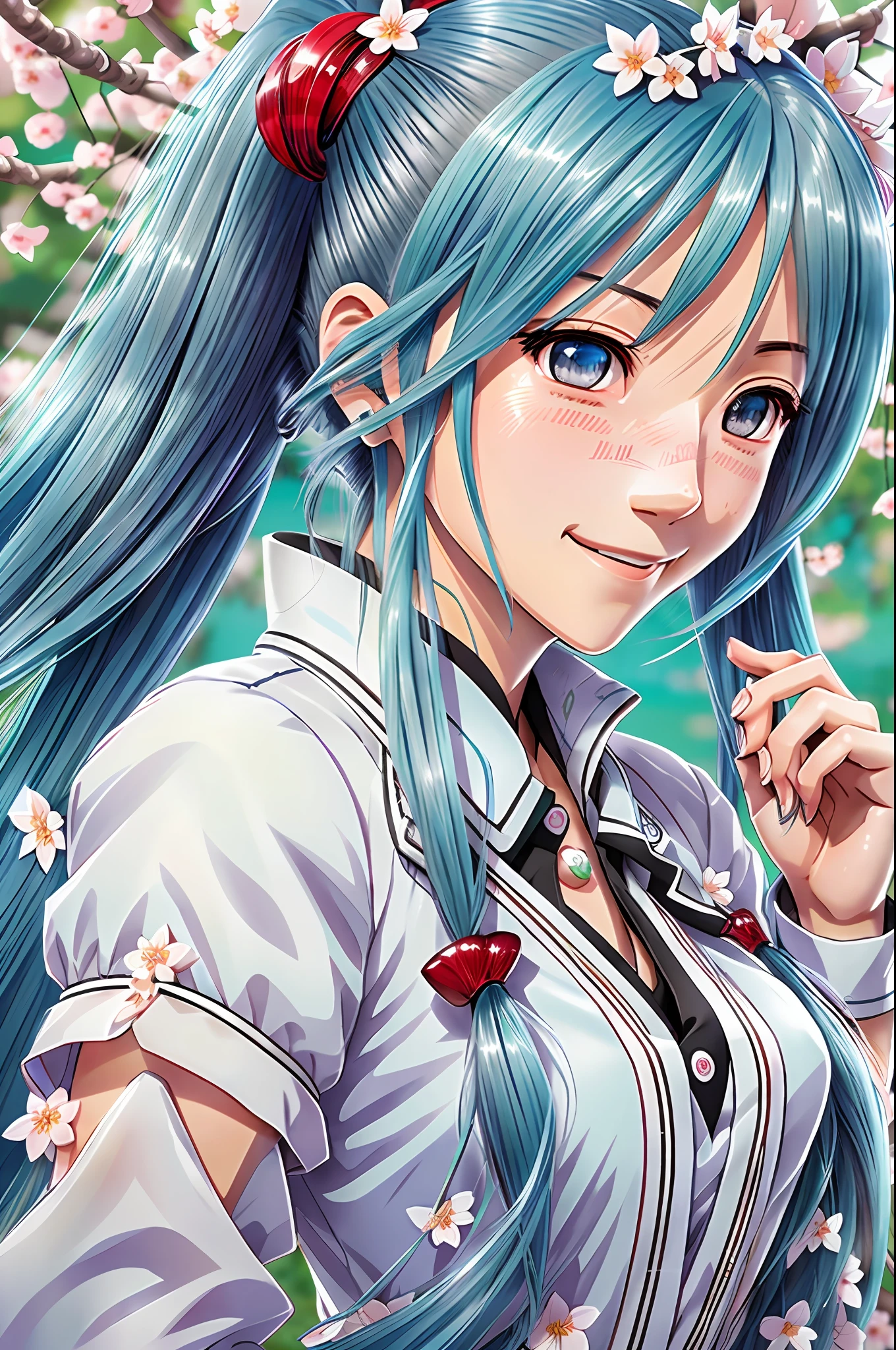 hatune miku, aqua hair, twin tails,((ultra-detailed)), ((illustration)), ((disheveled hair)), (beautiful detailed eyes), beautiful, amazing, detailed eyes, smile,waving,((in spring, cherry blosssom)), isometric