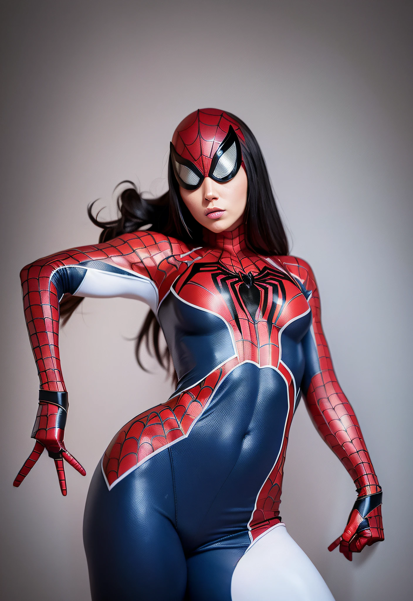 Beautiful woman detailed defined body using spider man cosplay, small breasts