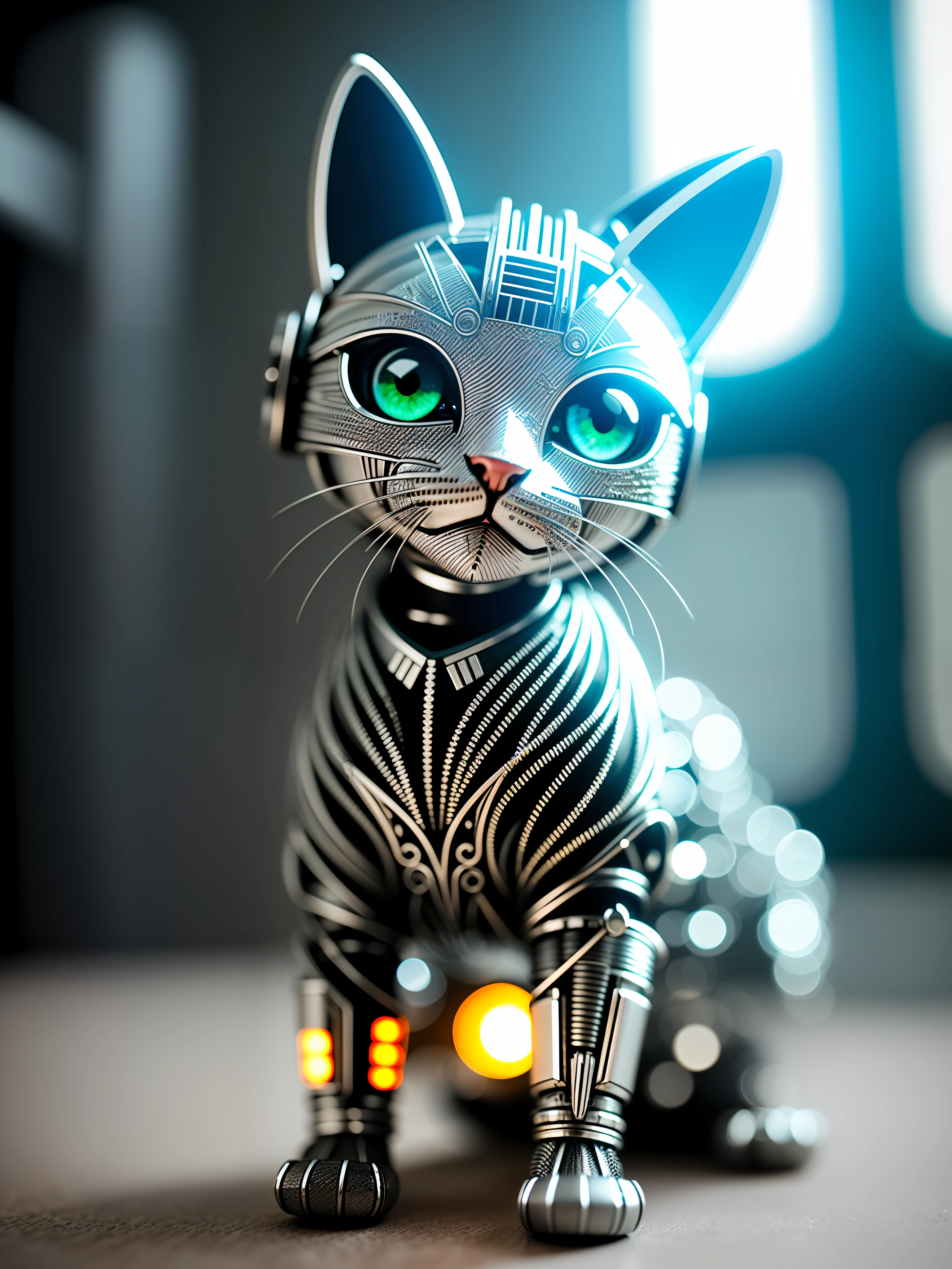 A cute kitten made of metal, (cyborg:1.1), ([tail|detailed wire]:1.3), (intricate detail), hdr, (intricate detail, hyperdetailed:1.2), cine lens, halo shadows , centered