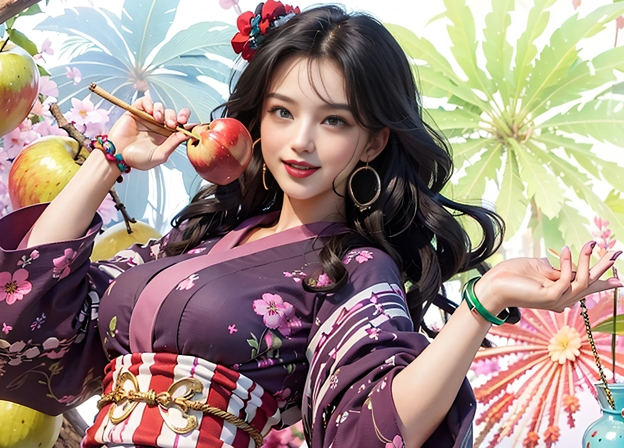 (female:1.2) (bodybuilder:0.8), hyper realistic, masterpiece, photorealistic, real skin, detailed face, detailed skin, detailed lighting, 1girl, earrings, bracelet, large breasts, long hair, curly hair, black hair, red lips, smile, open mouth, (green eyes), kimono, holding apple candy