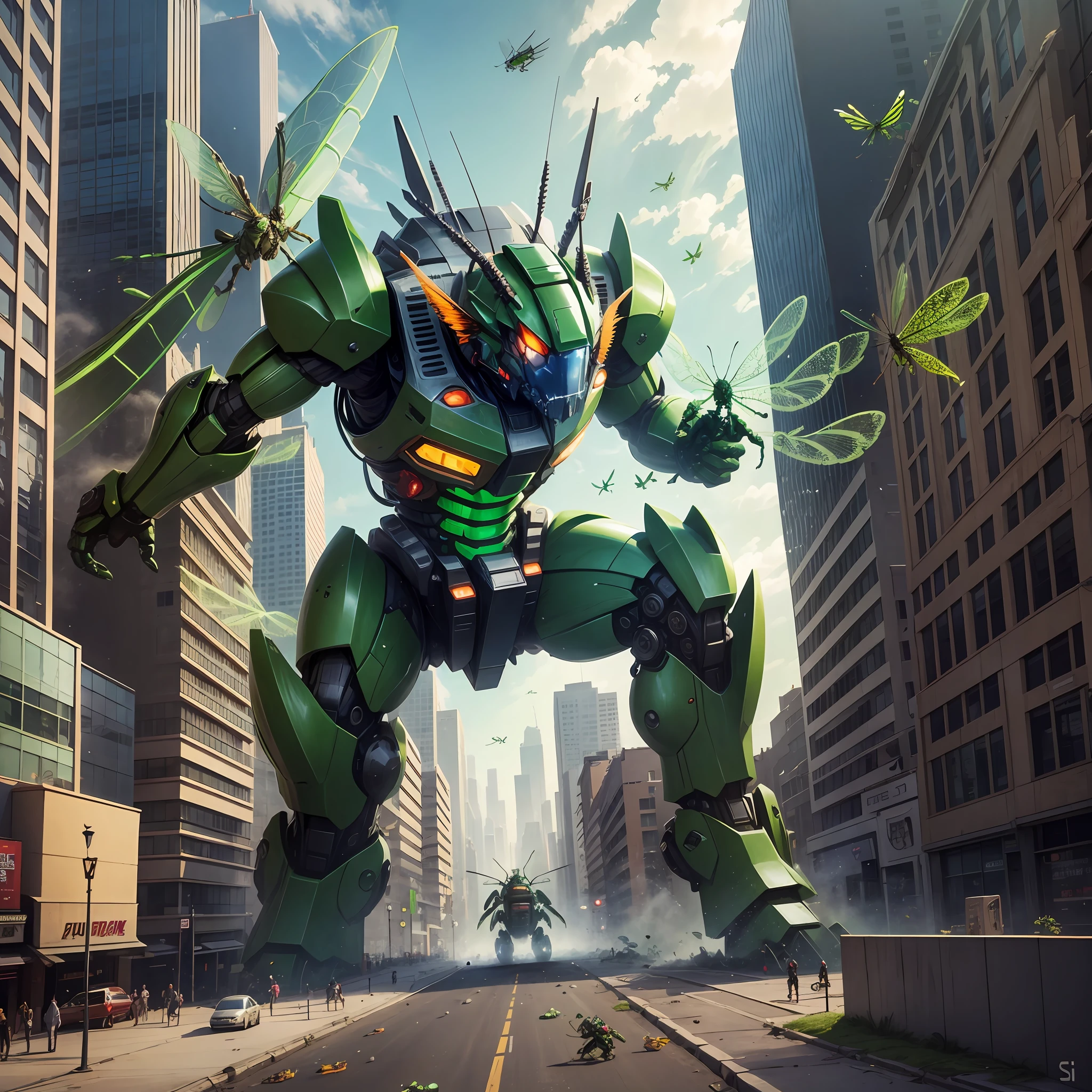 Giant robot grasshopper fighting a giant robot dragonfly, destroying a city --auto --s2