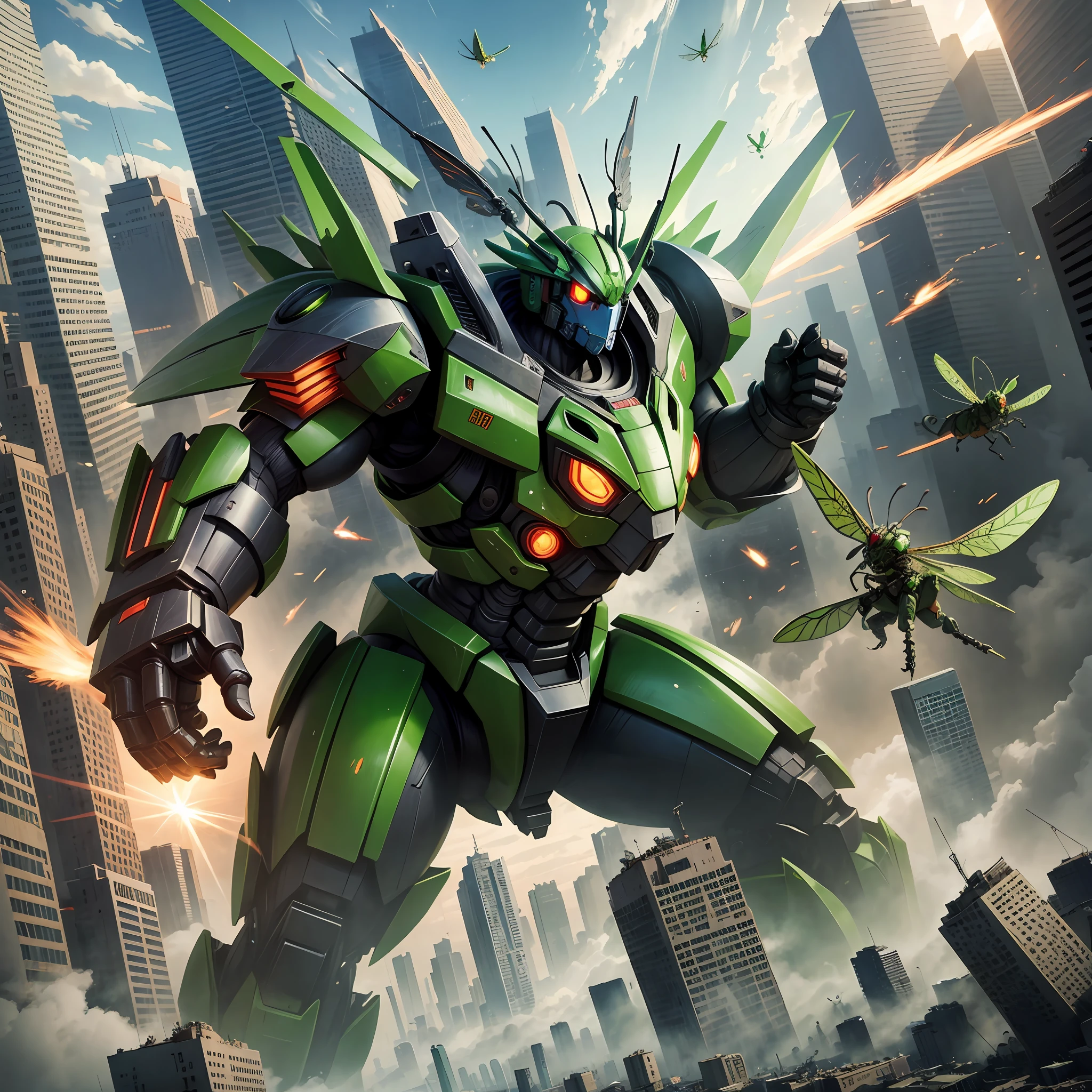 Giant robot grasshopper fighting a giant robot dragonfly, destroying a city --auto --s2