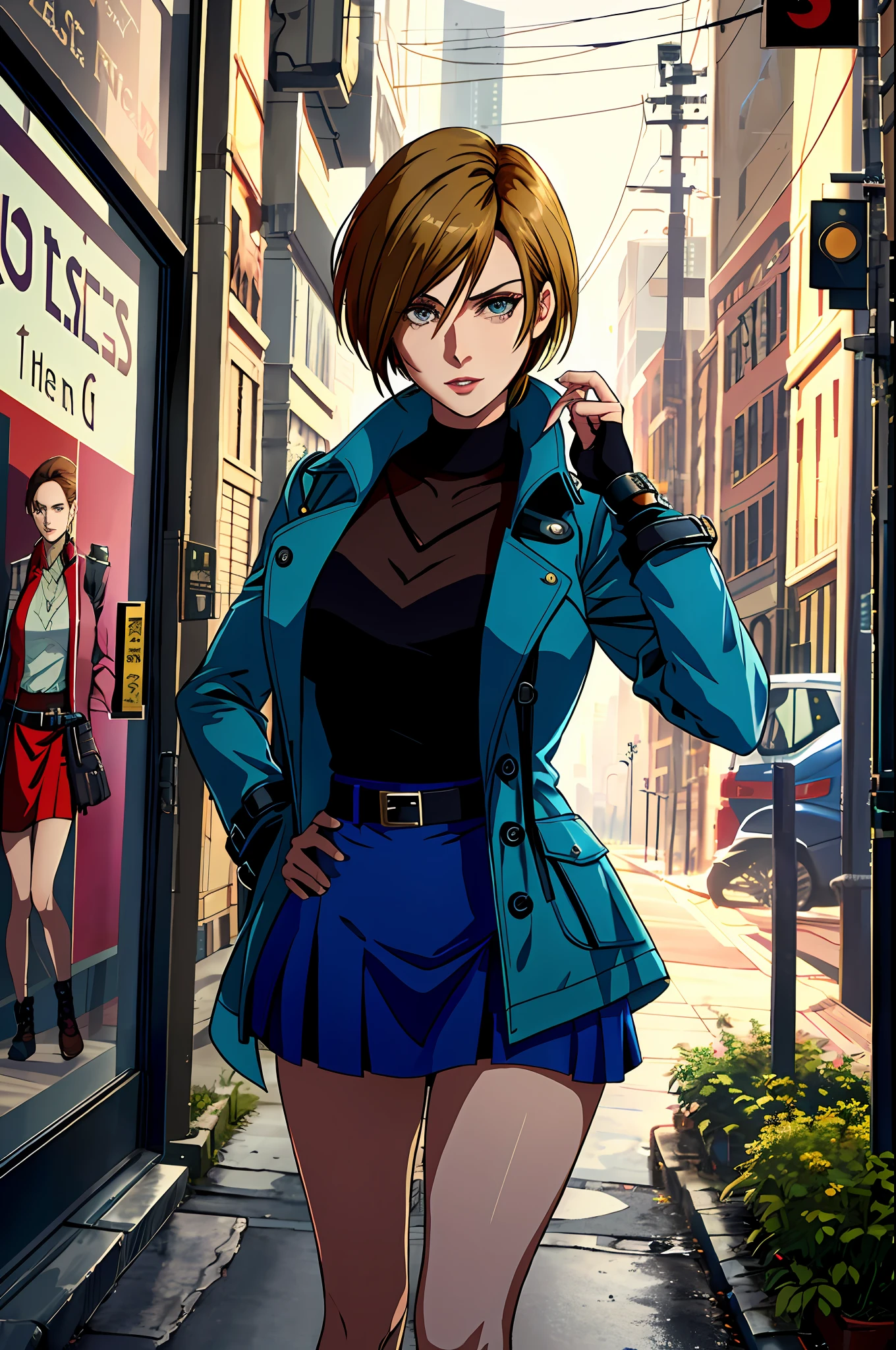 araffe woman in a short skirt and coat posing for a picture, supermodel in silent hill, glamorous jill valentine, sil from species, silent hill style, woman is in a trenchcoat, gordon freeman as a woman, female lead character, rosamund pike as the doctor, wearing a leather trench coat, female investigator, female doc savage