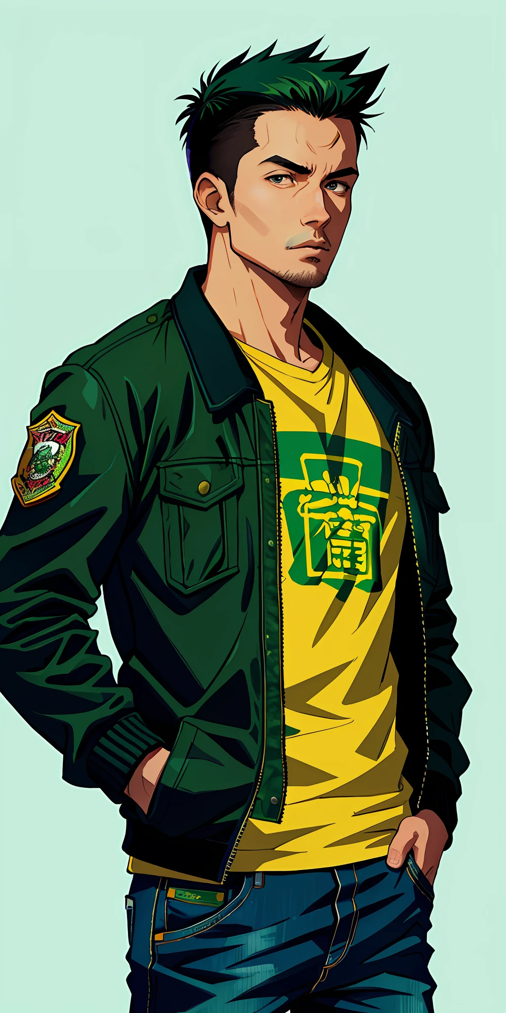 A closeup of a man in jacket and jeans, wearing green jacket, green color bomber jacket, profile picture, wearing jacket, kim jung gi style, dean winchester, ad image, jacket, doug chiang style, rick dai, [ digital art, tyler, drake, shaggy, jason, jc park, alex, guys, joe taslim, diesel, anime style