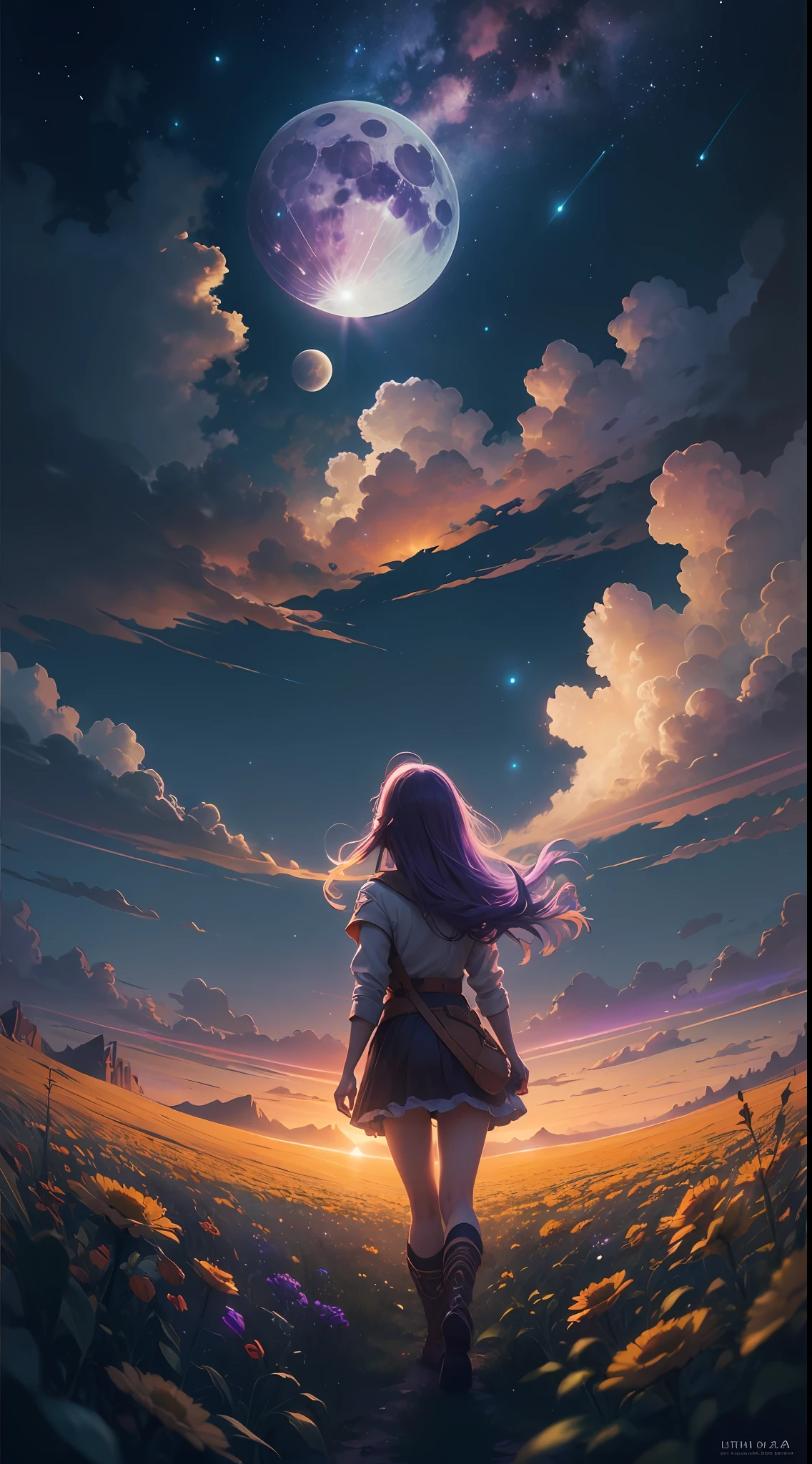 A wide landscape photo, (viewed from below, the sky is above, and the open field is below), a girl standing on a flower field looking up, (full moon: 1.2), (meteor: 0.9), (nebula: 1.3), distant mountains , Trees BREAK Crafting Art, (Warm Light: 1.2), (Firefly: 1.2), Lights, Lots of Purple and Orange, Intricate Details, Volumetric Lighting BREAK (Masterpiece: 1.2), (Best Quality), 4k, Ultra Detailed, (Dynamic Composition: 1.4), Rich in Detail and Color, (Rainbow Color: 1.2), (Glow, Atmospheric Lighting), Dreamy, Magical, (Solo: 1.2)
