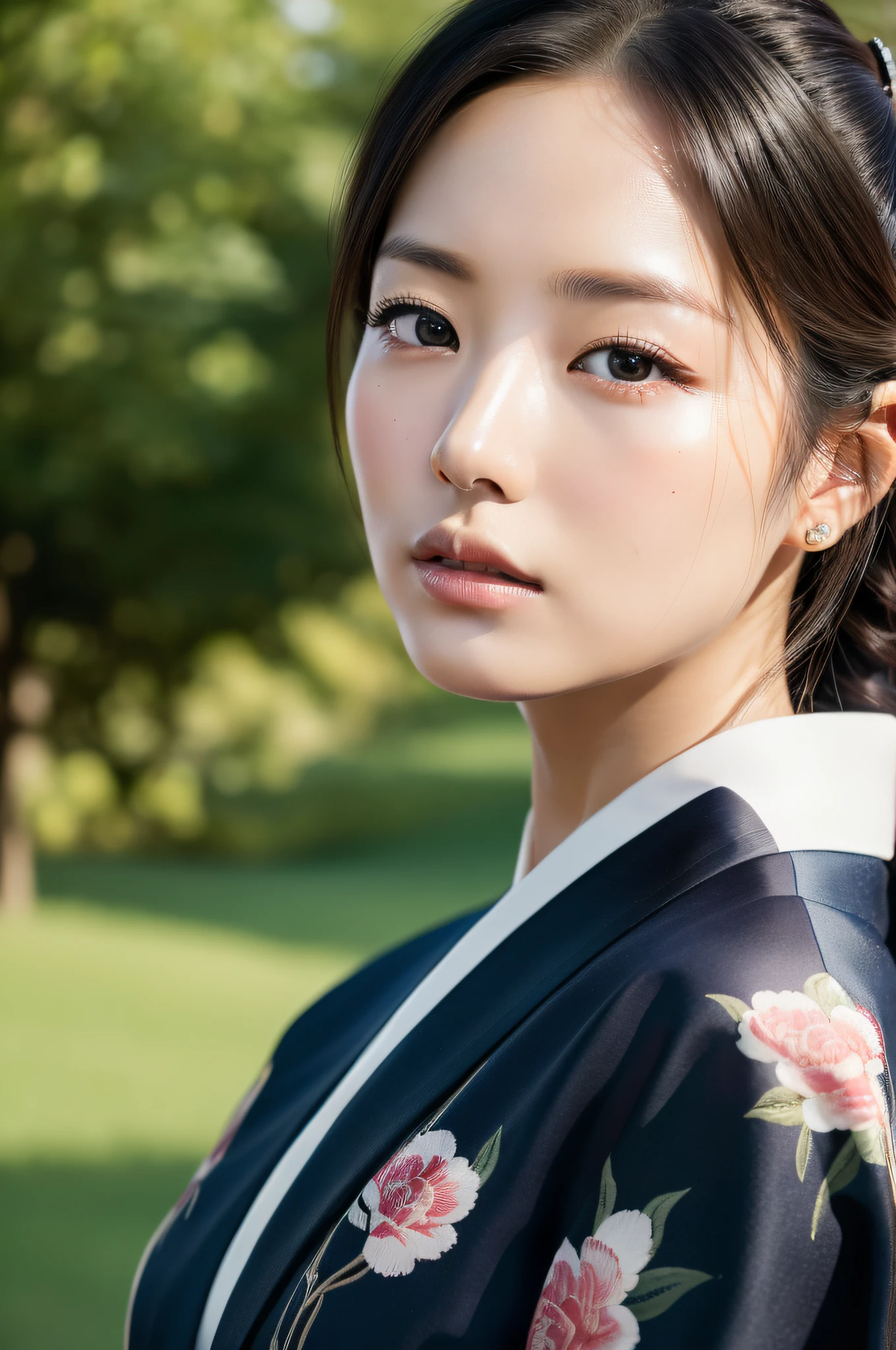 ((Top Quality, 8K, Masterpiece: 1.3)), Sharp Focus: 1.2, (Super Beautiful Face: 1.0), Realistic Photo, (Shiny Skin: 1.2), Realistic Photo, Black Hair, Realistic Pupil, Movie Lighting, Highly Detailed Eyes and Face, medium breasts, in nature, traditional kimono, cowboy shot