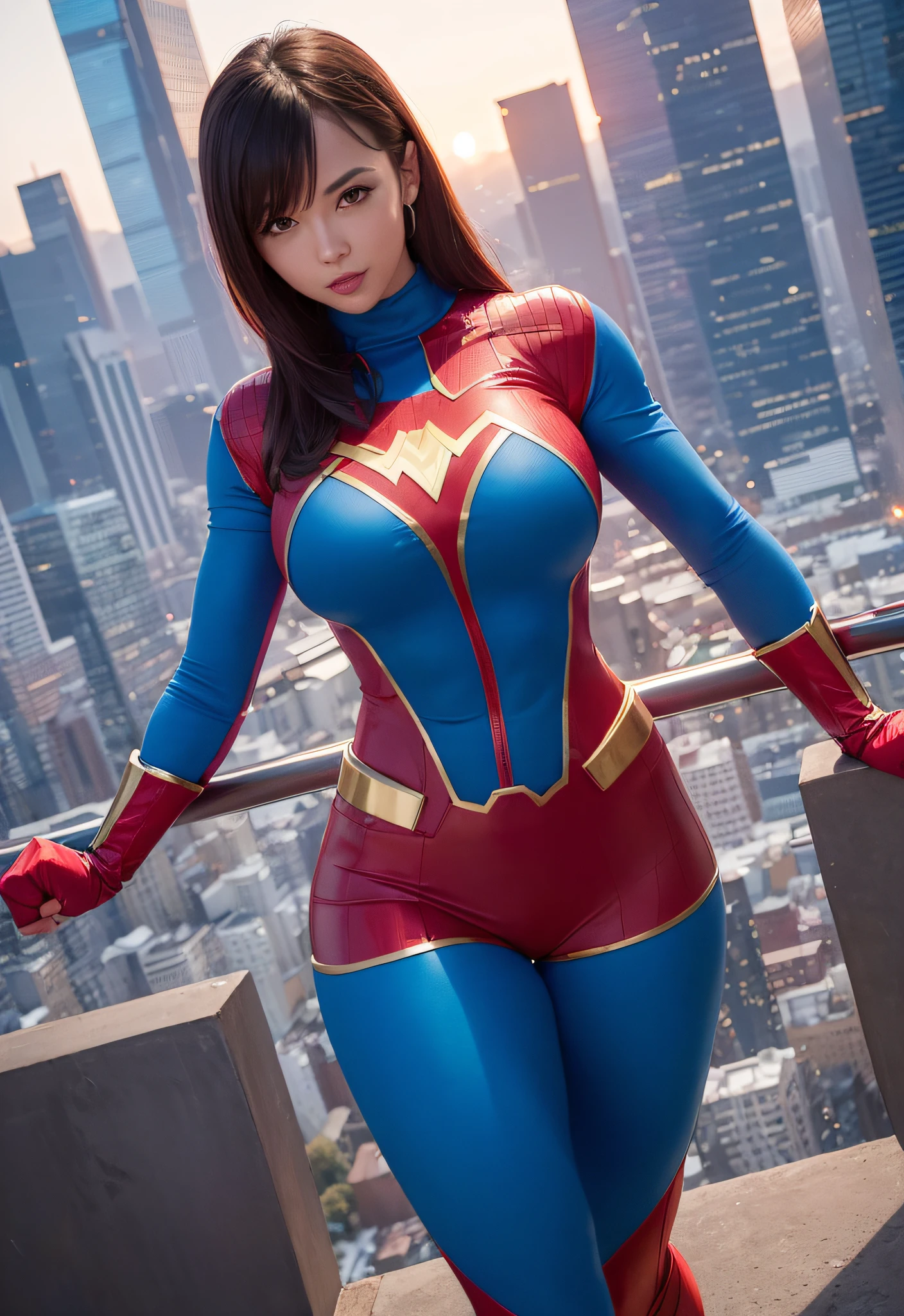 (young woman with a superhero outfit, blue and red, tight-fitting, muscular, dynamic pose),(big bust, confident expression), cityscape, aerial view, sunset, high-rise buildings, golden hour lighting.