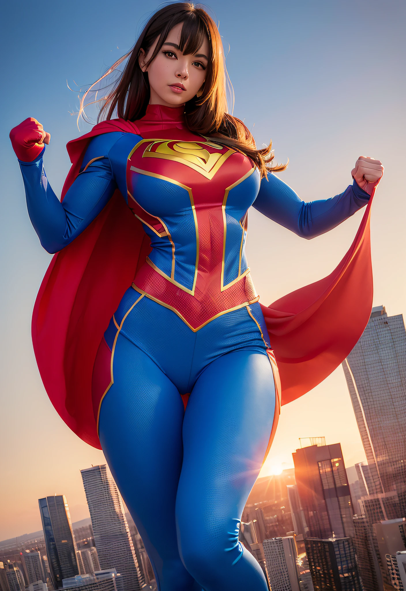 (young woman with a superhero outfit, blue and red, tight-fitting, muscular, dynamic pose),(big bust, confident expression), cityscape, aerial view, sunset, high-rise buildings, golden hour lighting.