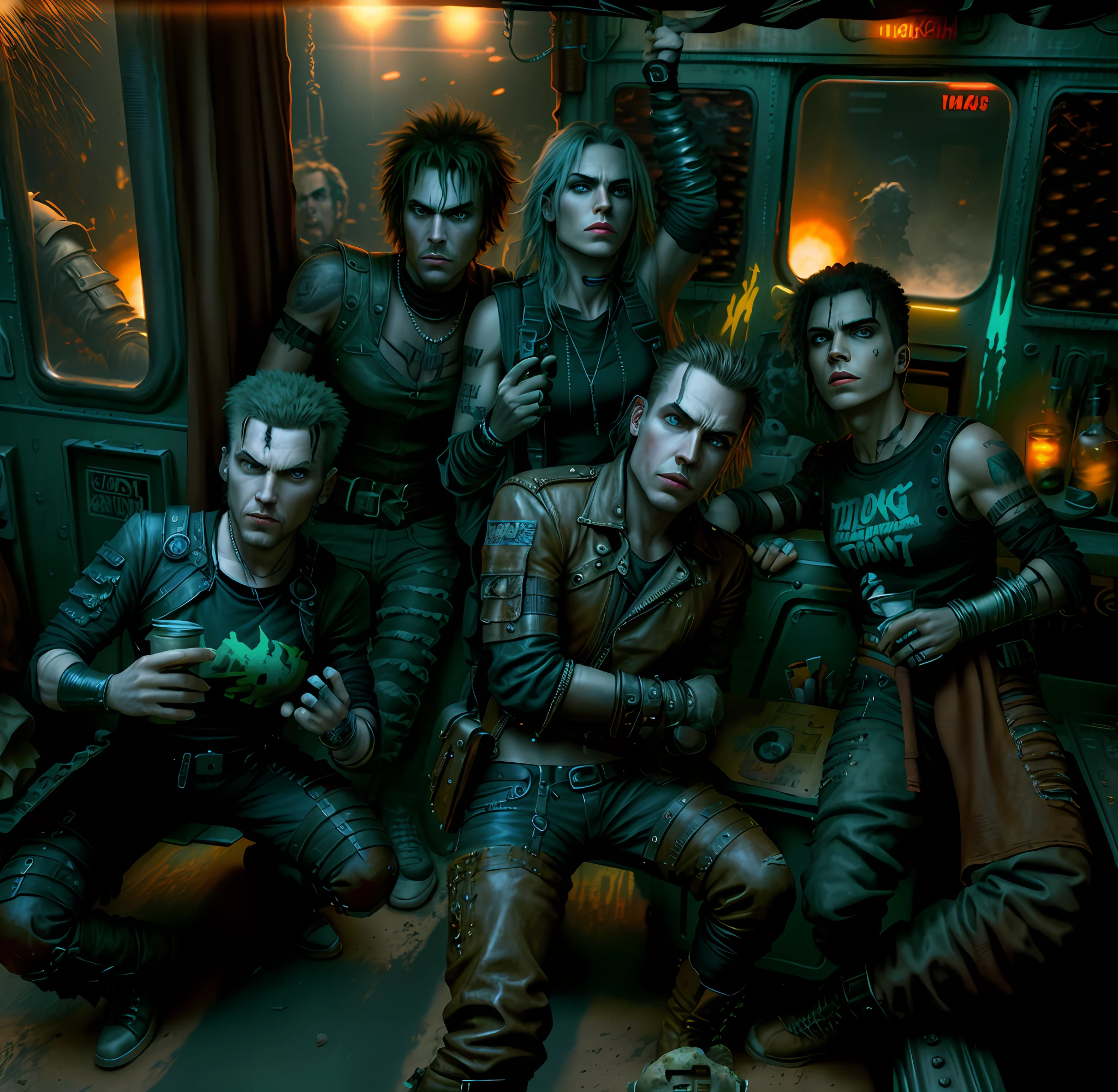 Male rock band, movie poster, mad max, residend evil, high quality, painting, futurism, apocalyptic powder, rock band on a train, sunset, mad max, punk, movie poster, realistic painting art.