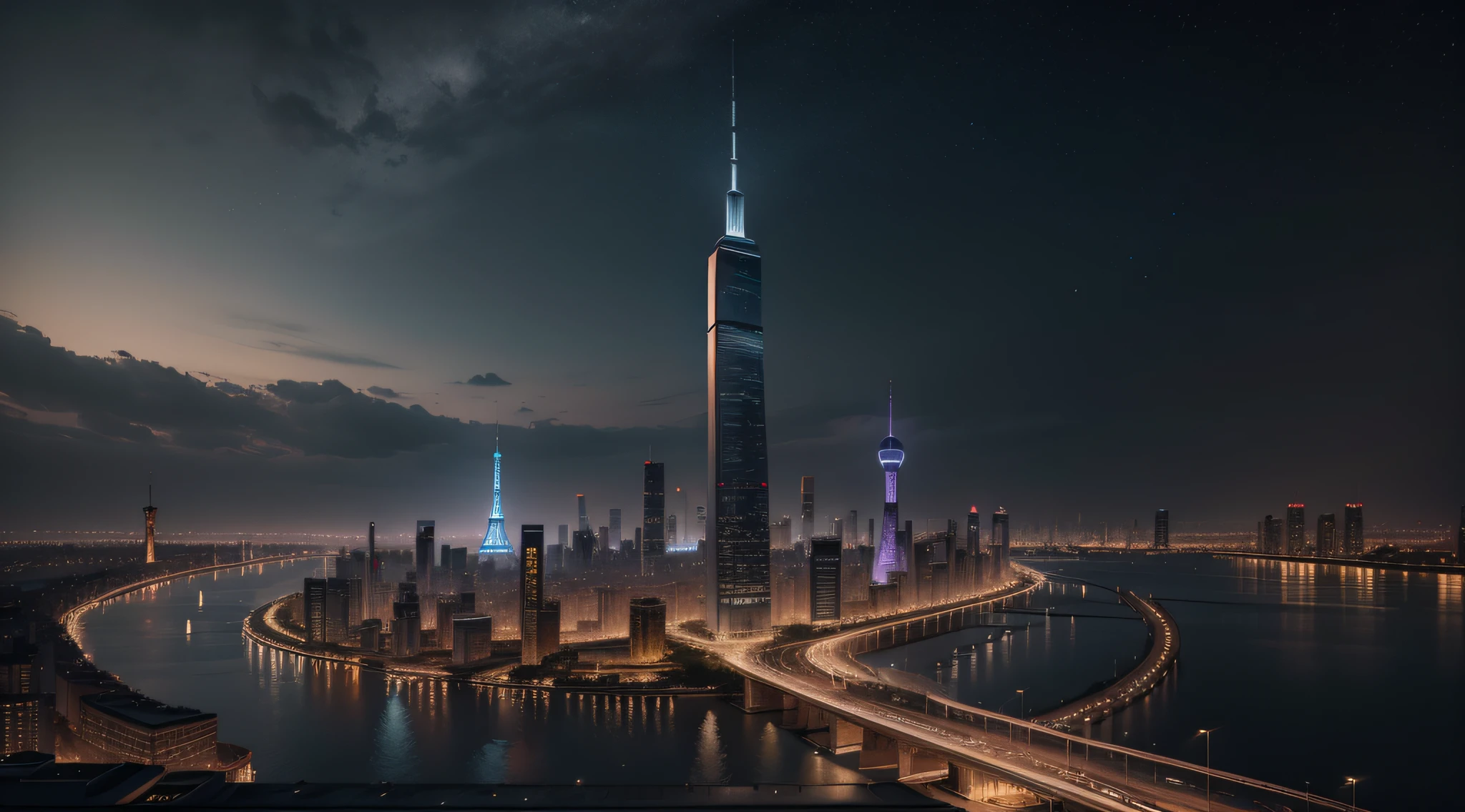 City skyline with large building as background, night view, city in the middle of the picture, sky and city 50%, water surface 50%, zenith view, smooth, 3D, CG rendering Reduce the scope of the building, increase the background scale, modify the current color scheme The time is about 8 pm, reduce the building, modify the color scheme The overall color is gray, mainly yellow and silver, reduce the number of buildings, and gradually reduce the number of buildings to both sides Change the color of the sky and water surface, reduce the number of buildings, and increase the appearance of buildings Modify the color scheme Overall brightness improvement, The building lights are brilliant Improve brightness and rich colors Increase the Oriental Pearl Tower and the Eiffel Tower The middle building is replaced with the Oriental Pearl, and there is Guangzhou Xiaoman's waist on the right Eiffel Tower on the left is adjusted in detail, and the details of the Oriental Pearl on the right are mediated --auto --s2