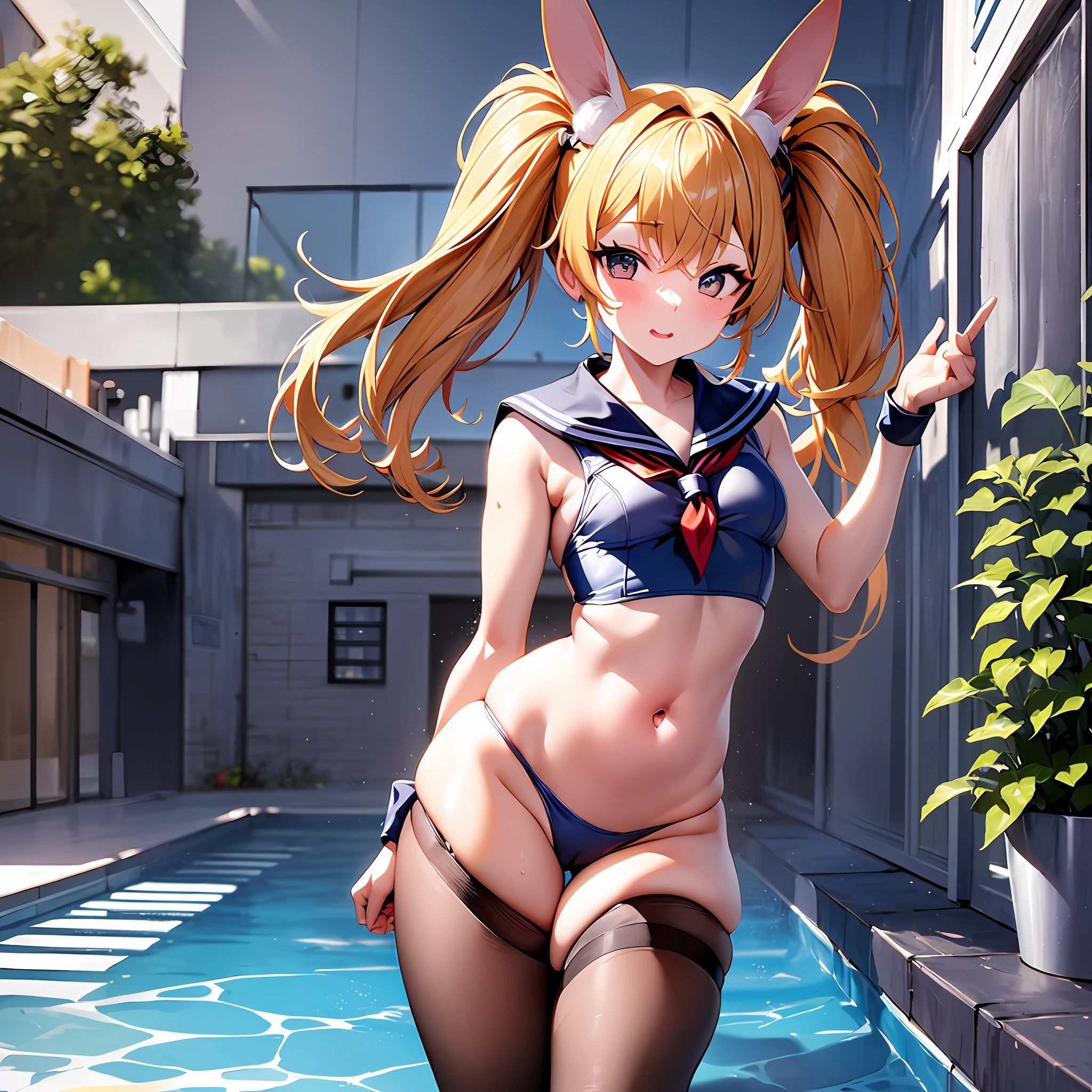 The background is a school pool, a lot of schoolgirls in the background, the fusion of sailor suit and school swimsuit, model pose, rabbit ears, thick eyebrows, female brat, small, pigtails, beautiful blonde, braids, (masterpiece), ((highest quality)), (super detailed), full body anime girl, clean and detailed face, five fingers, textile shading, perfect human body structure, perfect anatomy,