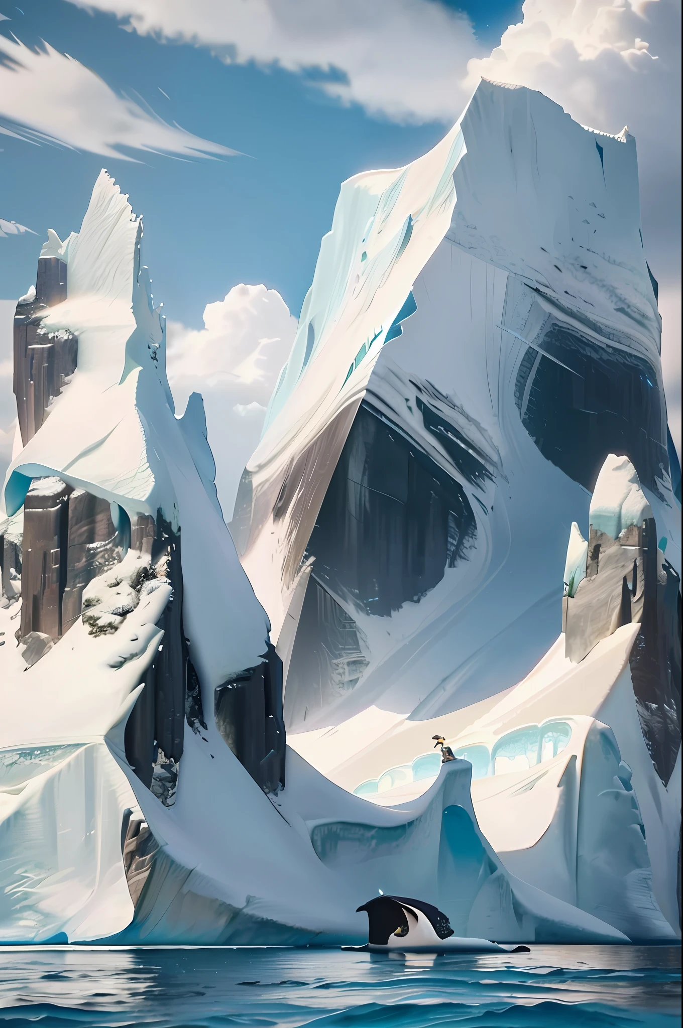 there is a large whale that is swimming in the water, mountains made out of icebergs, icy mountains, inspired by Filip Hodas, ice mountains in the background, 8 k matte painting, 8k matte painting, jessica rossier color scheme, bastien grivet, in the art style of filip hodas, surreal frozen landscape, inspired by jessica rossier