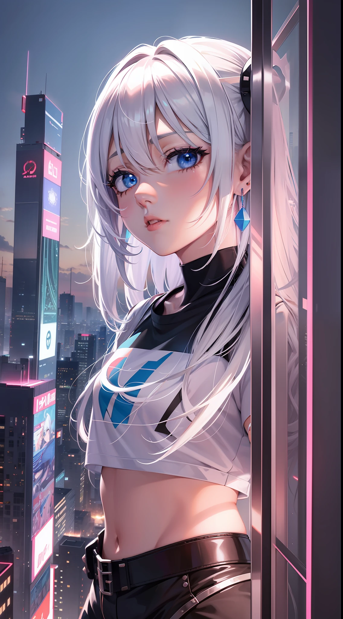Aerial photo over the city of white hair and blue eyes anime girl, seductive anime girl, T-shirt, perfect white hair girl, detailed digital anime art, beautiful anime girl, anime style 4 K, anime art wallpaper 8 K, delicate face, advanced digital anime art, beautiful anime woman, 4k anime wallpaper, anime art wallpaper 4k, orange short skirt, lots of neon lights, red stud earrings