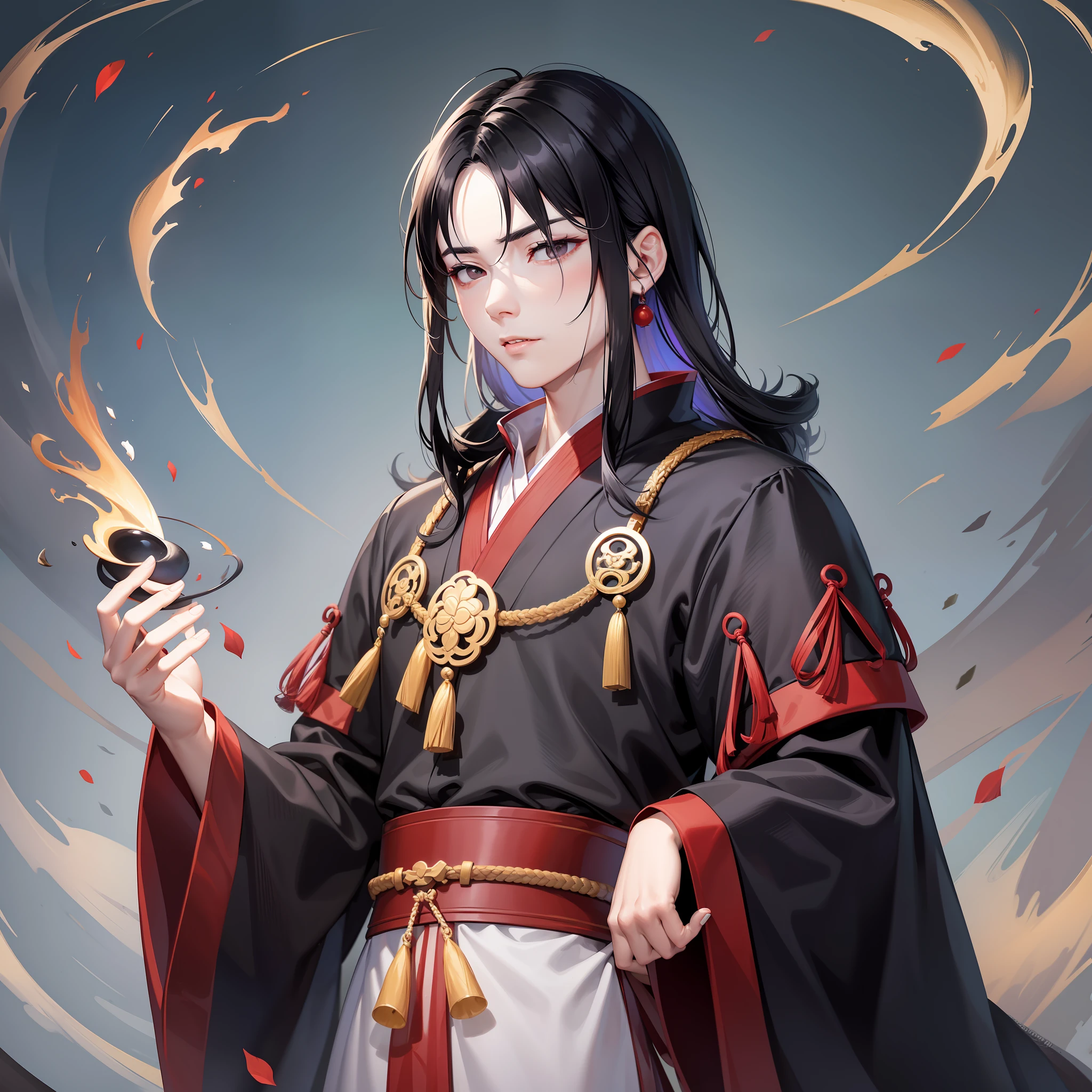 Gu Yue Fangyuan,, young, male, medium to thin, deep black eyes, firm, alert, black eyebrows, beautiful face shape, clear lines, pale skin, confident, cunning, messy black hair, simple dress, master robes, belt