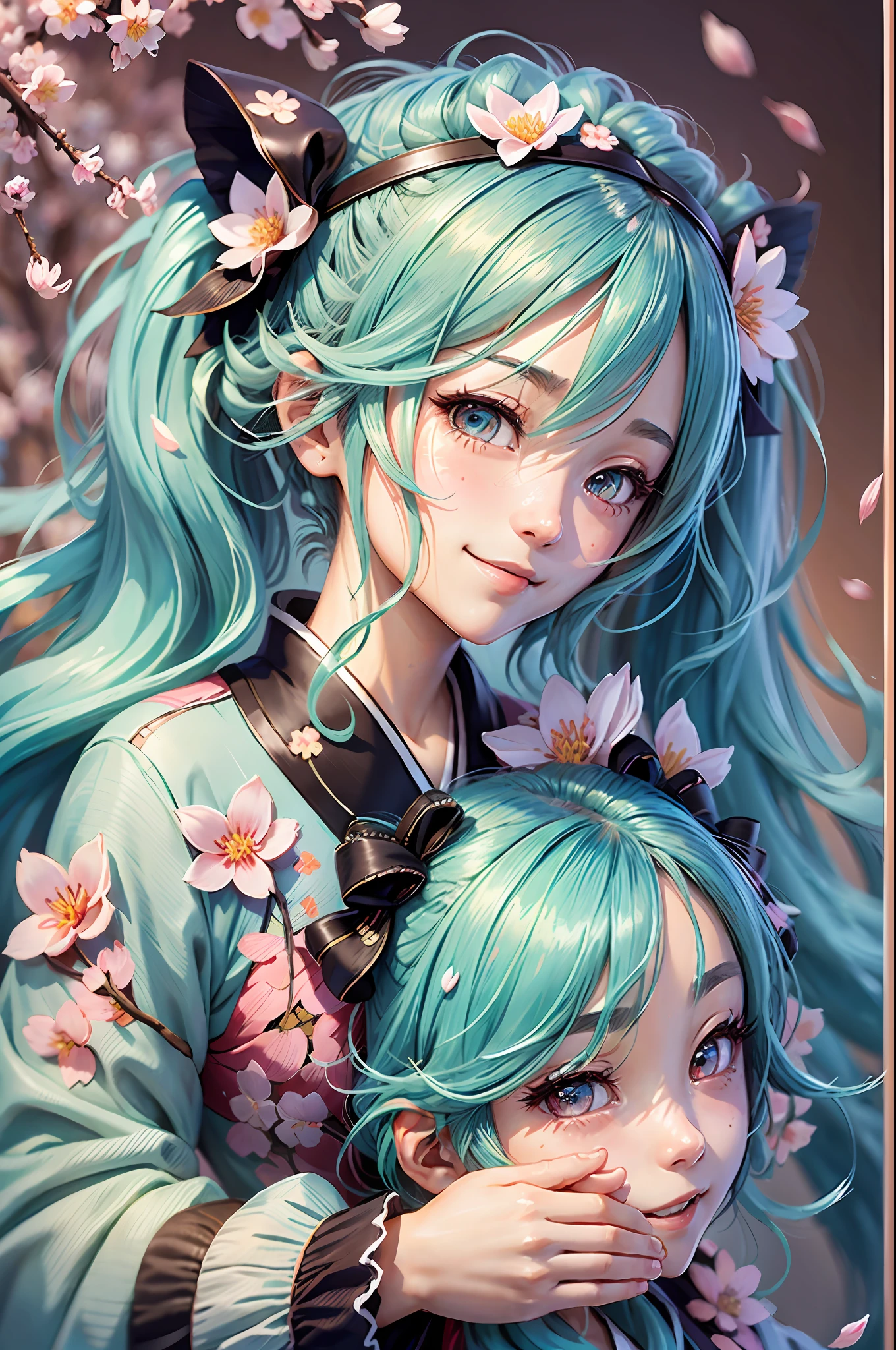 hatune miku, aqua hair, twin tails,((ultra-detailed)), ((illustration)), ((disheveled hair)), (beautiful detailed eyes), beautiful, amazing, detailed eyes, smile,waving,((in spring, cherry blosssom)), isometric