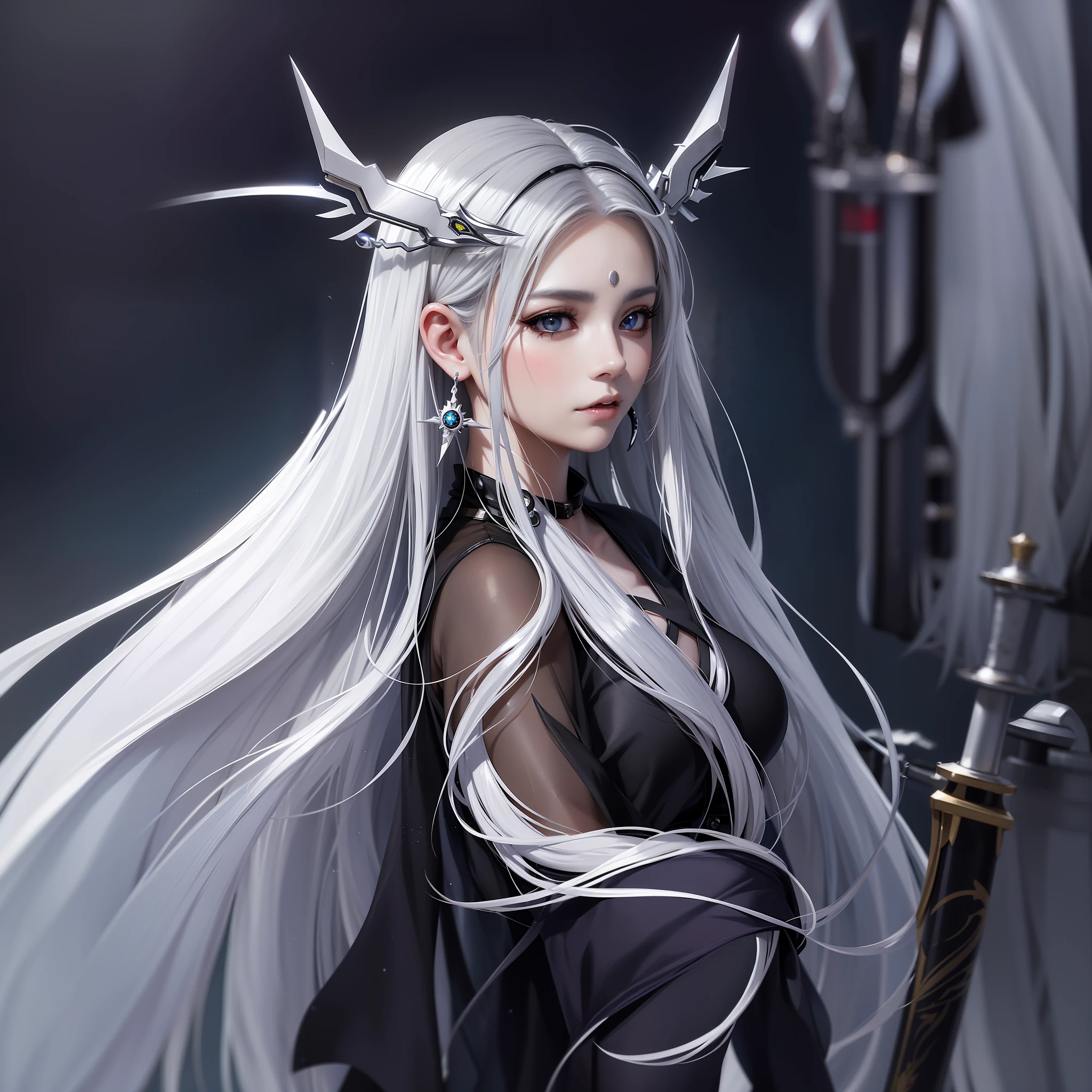 anime girl with long white hair and silver hair with a sword, girl with white hair, perfect white haired girl, cyborg - girl with silver hair, girl silver hair, silver hair girl, white haired, white-haired, detailed portrait of anime girl, artwork in the style of guweiz, stunning anime face portrait, white haired deity, detailed digital anime art