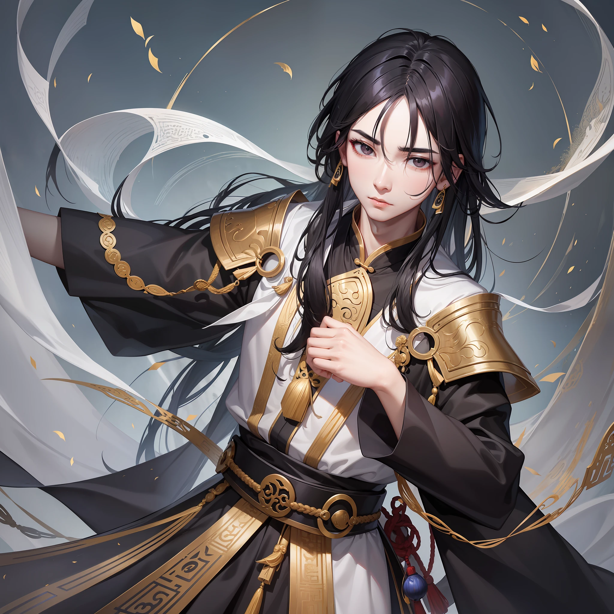 Gu Yue Fangyuan,, young, male, medium to thin, deep black eyes, firm, alert, black eyebrows, beautiful face shape, clear lines, pale skin, confident, cunning, messy black hair, simple dress, master robes, belt
