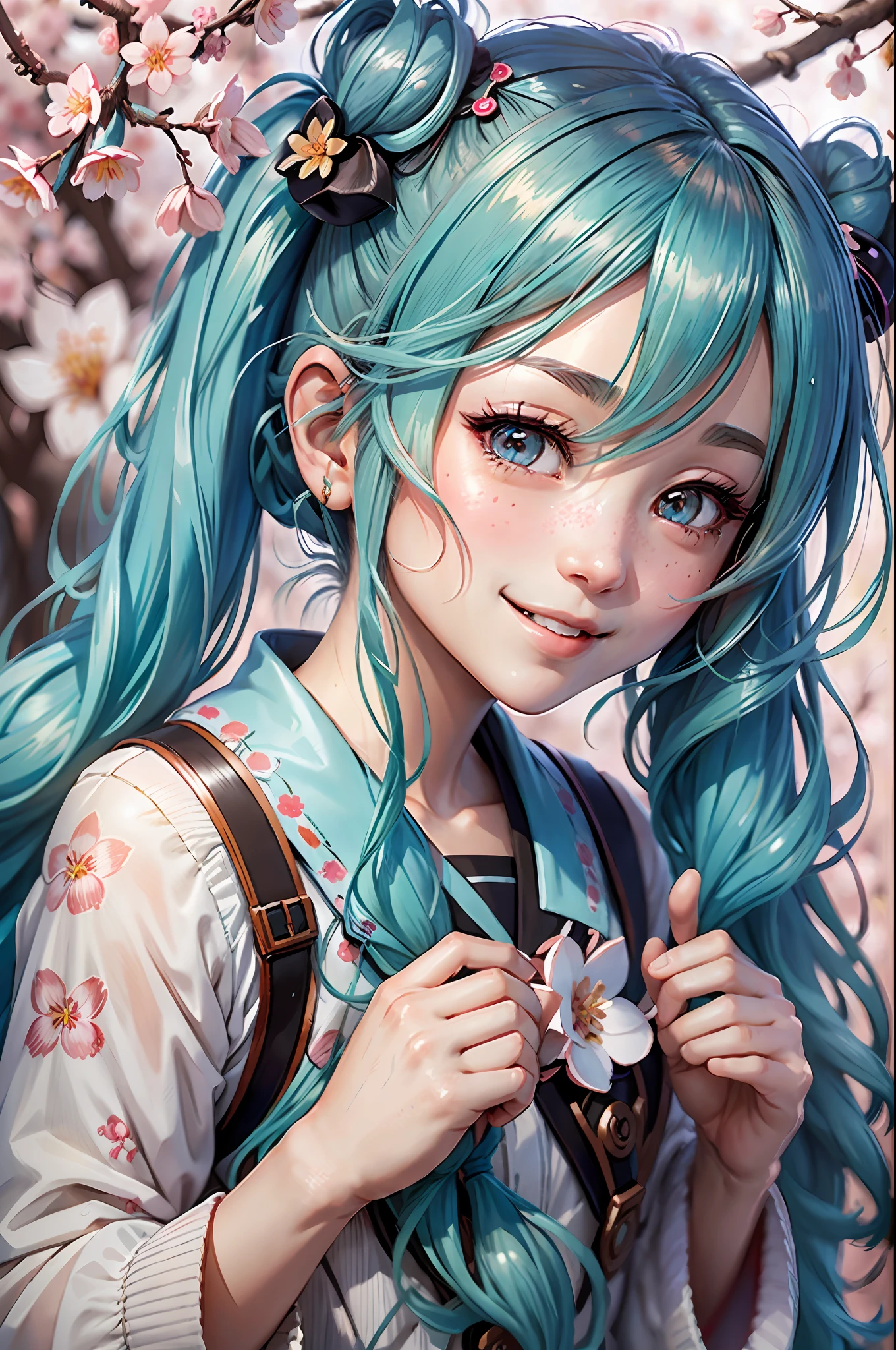 hatune miku, aqua hair, twin tails,((ultra-detailed)), ((illustration)), ((disheveled hair)), (beautiful detailed eyes), beautiful, amazing, detailed eyes, smile,waving,((in spring, cherry blosssom)), isometric