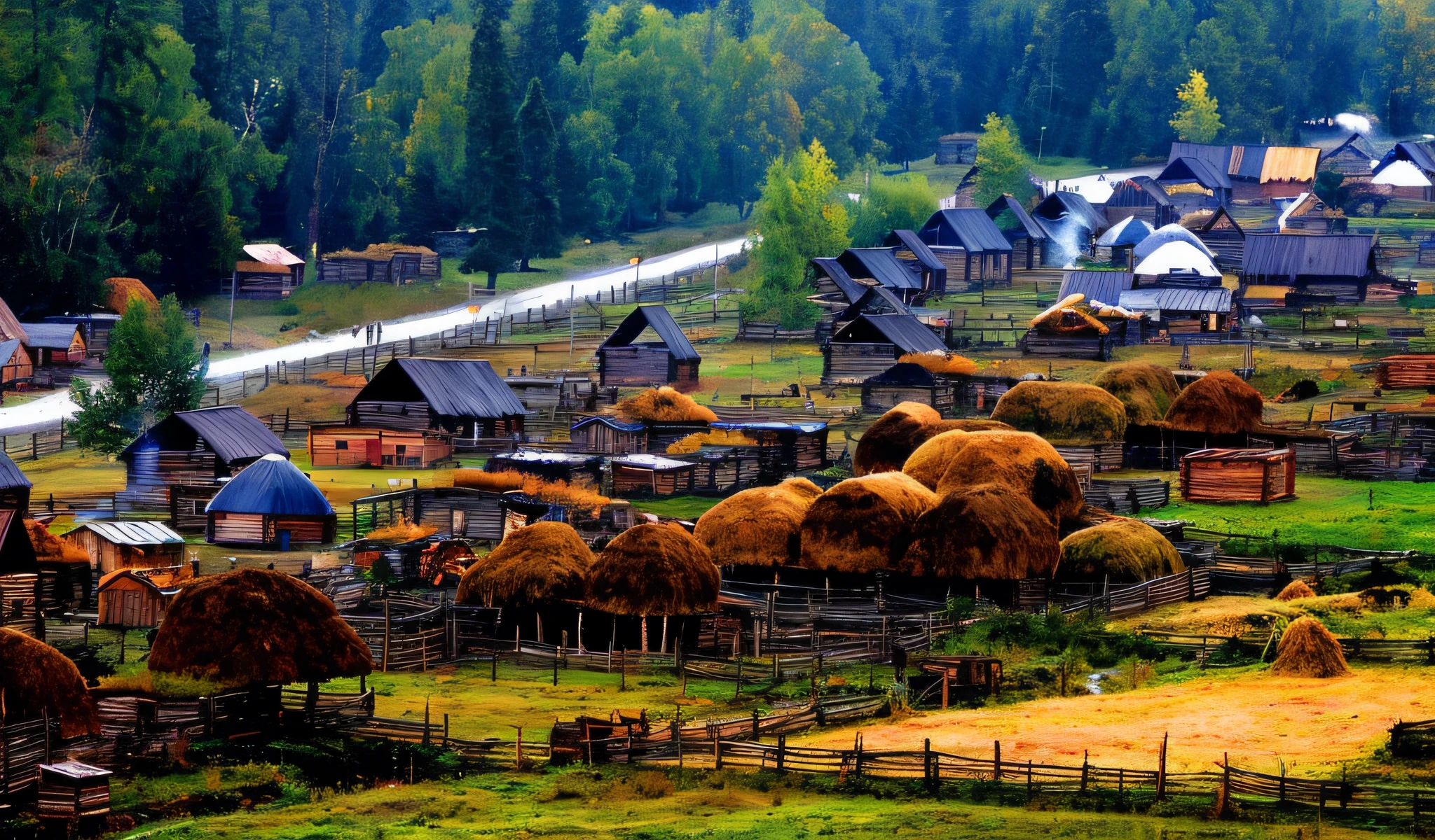 there are many hay bales in a field with a road in the background, russian village, russian villages at background, russian landscape, ukraine. photography, traditional russia, medieval village on the plains, slavic, quaint village, magical soviet town, slavic style, slavic features, village in the woods, chinese village, 8k)), old village, wooden houses