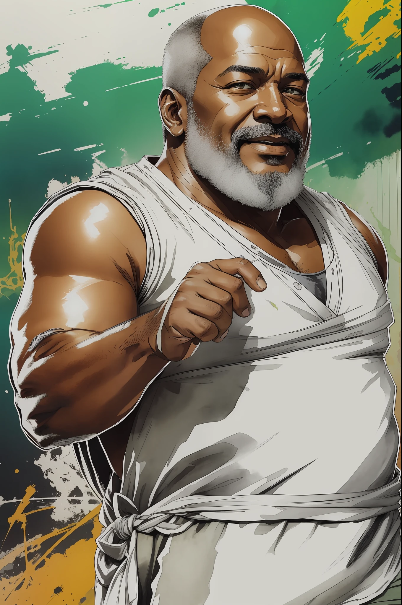 A stylized watercolor digital illustration, ordinary, fashion, middle-aged tanned overweight African-American man, age 60, big man, top angle shot, a perfect smile, extra thiny white hair, almost bald, white bearded, a big metropolis as the background, cinematic light, green shirt, cargo shorts, Art by Carne Griffiths and Wadim Kashin, Yoji Shinkawa, Peter Draws, heavenly handsome face, detailed eyes, big greek nose, perfect anatomy, natural hand poses, natural legs poses, approaching perfection, dynamic poses, luminism, highly detailed, sharp focus, full body shot, 8k UHD, masterpiece, ultra fine detail. --auto --s2