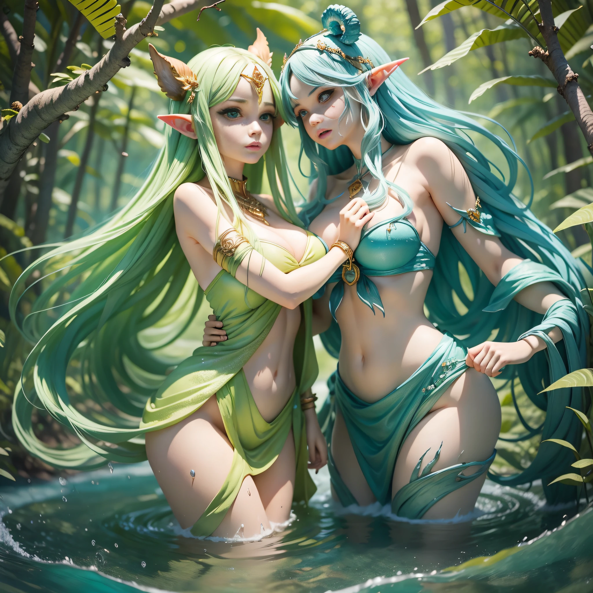 ((Best Quality)), ((Masterpiece)), (Reality)) , earth_spirit, melting_heart, bigbadejo alien_monster,,Full body,Beauty and beast,In the water there is a fierce beast with fierce and ferocious eyes snuggled up to a beautiful female elf, slender, fierce, ugly, splashing waves, in the forest, masterpiece, 8k, --v6